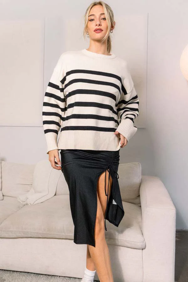 Beige Striped Oversized Side Slit Sweater - Image 2