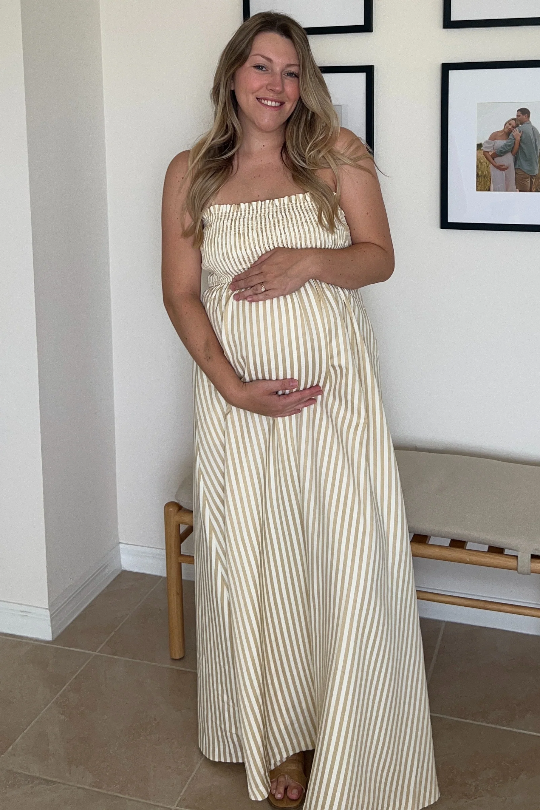 Beige Striped Sleeveless Smocked Poplin Maternity Maxi Dress - Image 9