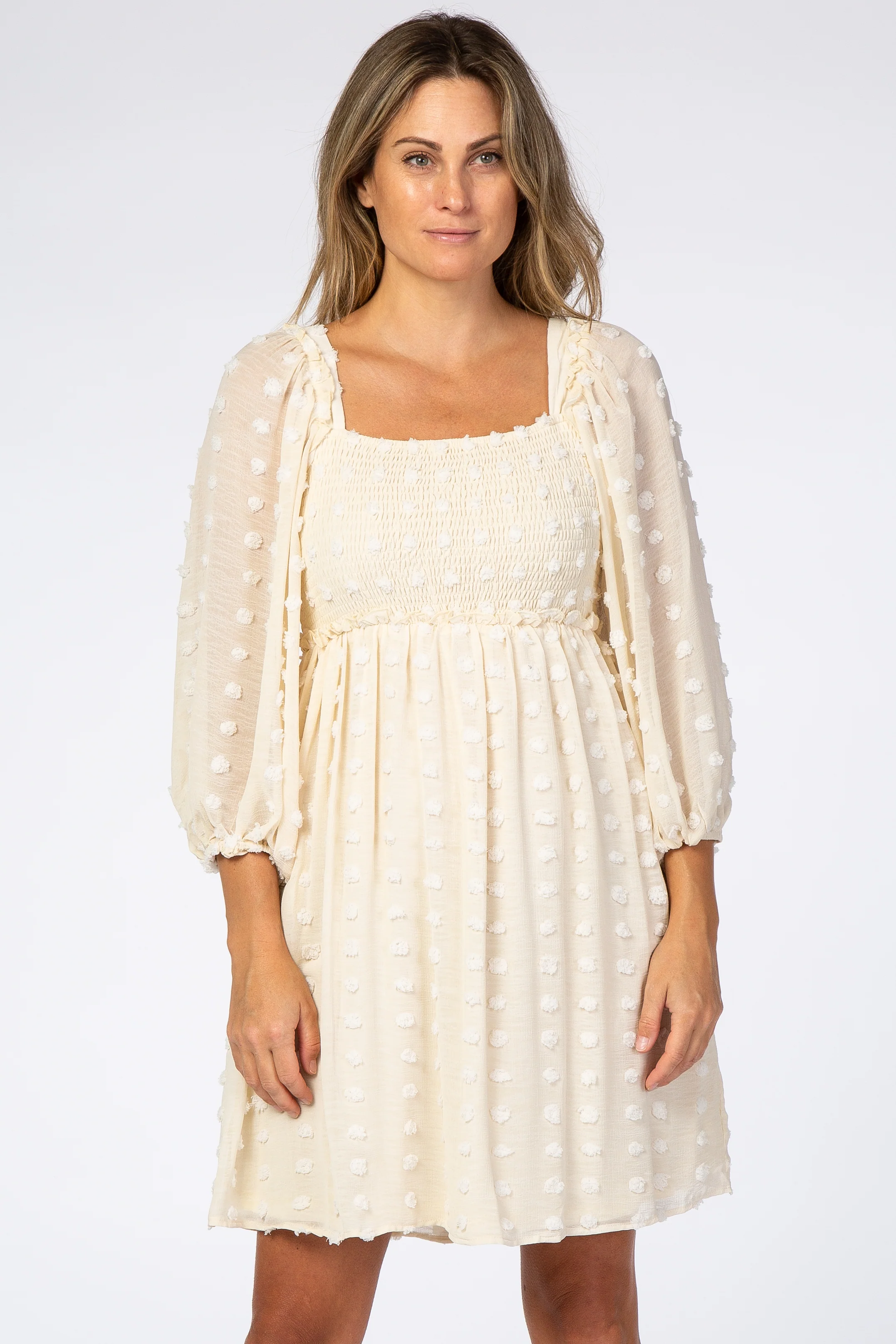 Beige Textured Dot Smocked Square Neck Chiffon Dress - Image 4