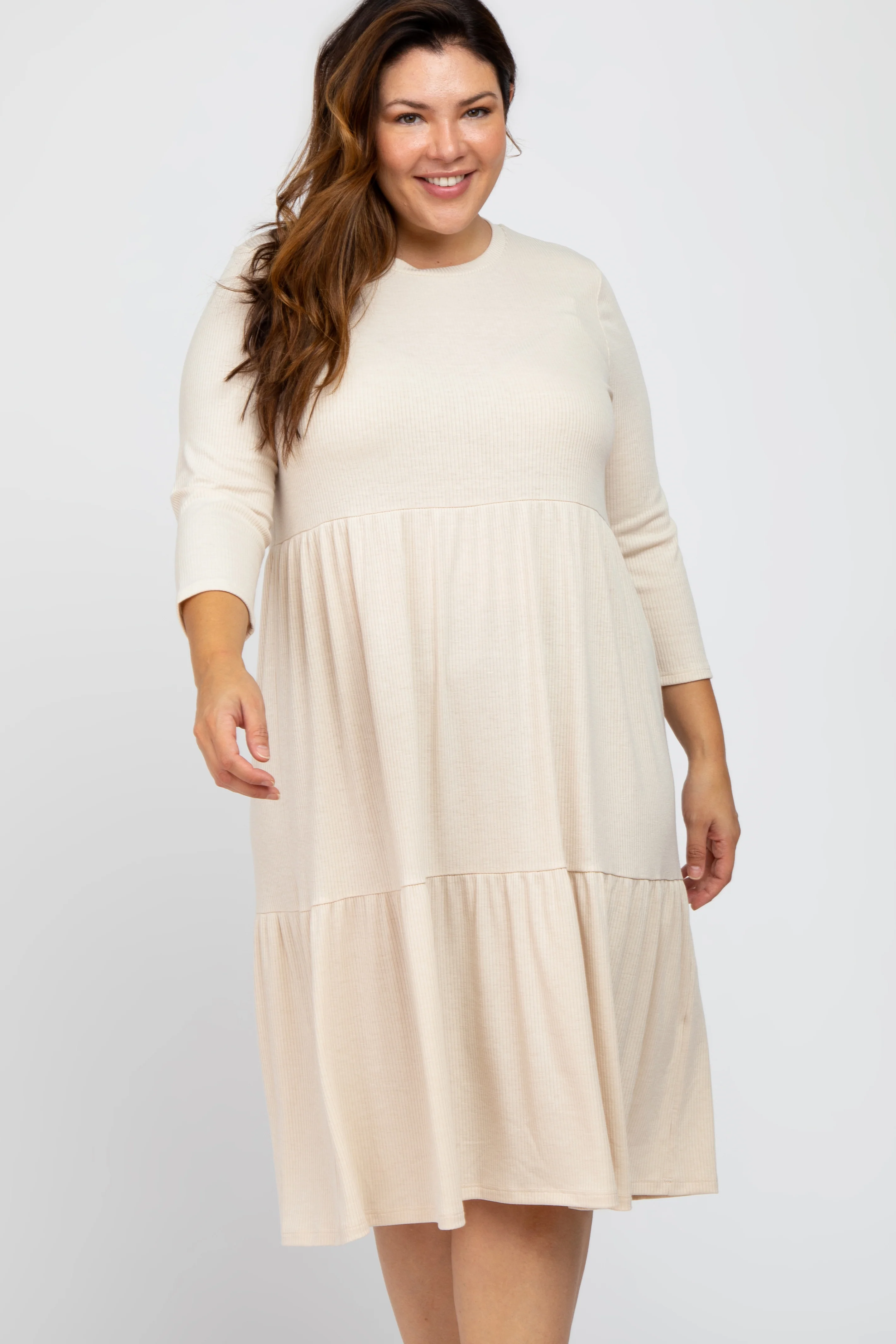 Beige Tiered Ribbed 3/4 Sleeve Plus Midi Dress - Image 4