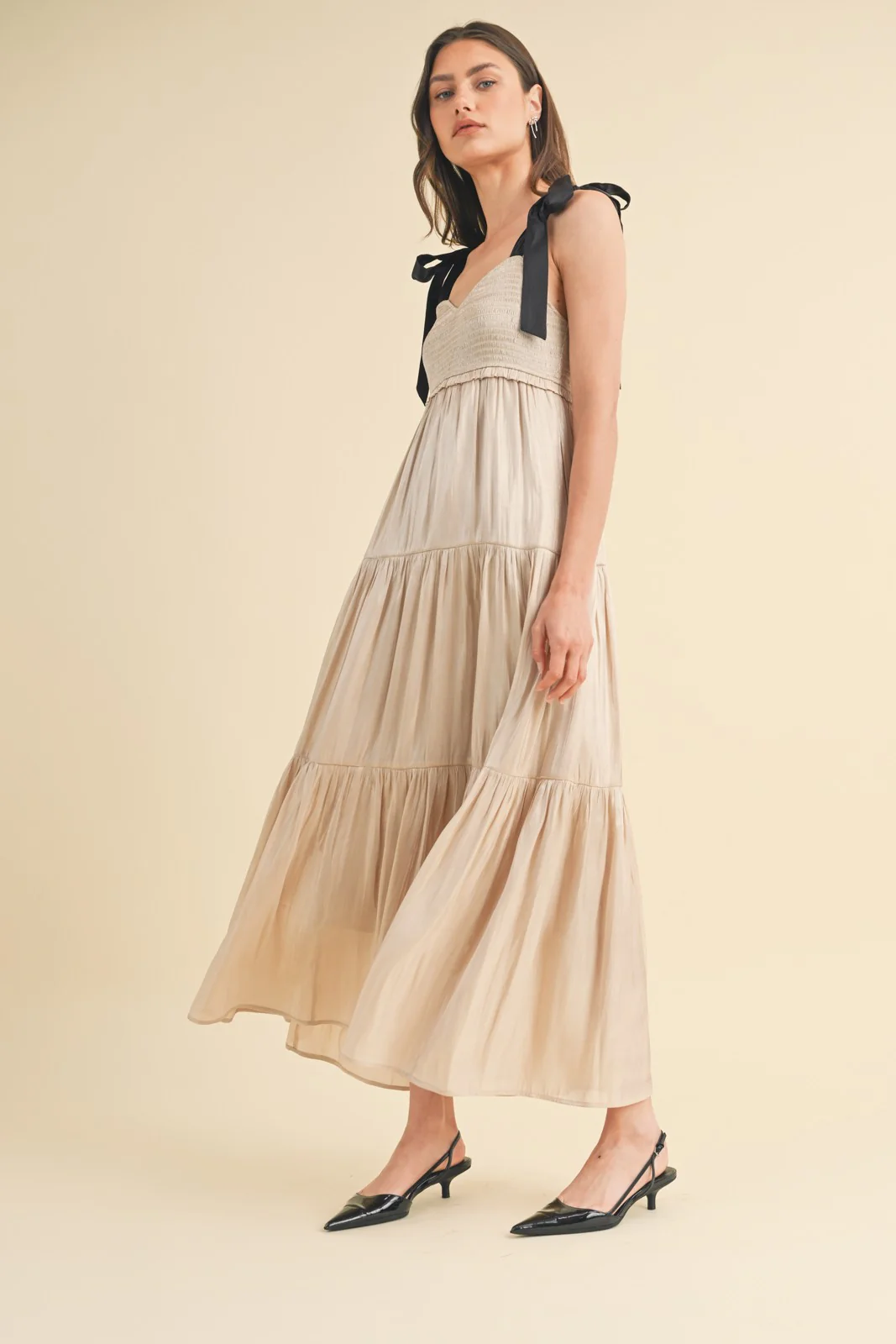 Beige Tiered Satin Tie-Strap Maternity Maxi Dress - Image 4