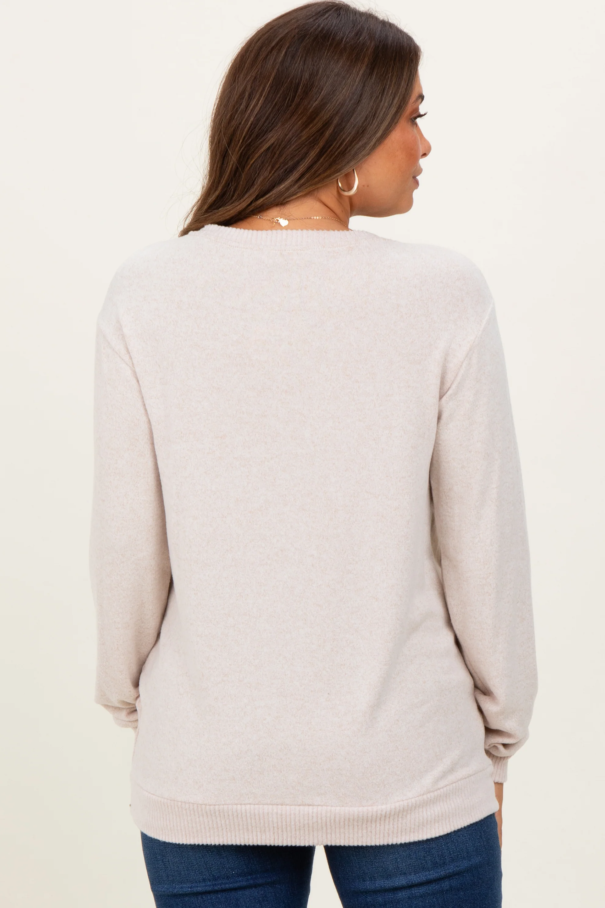Beige V-Neck Double Layer Maternity Nursing Pullover Top - Image 4