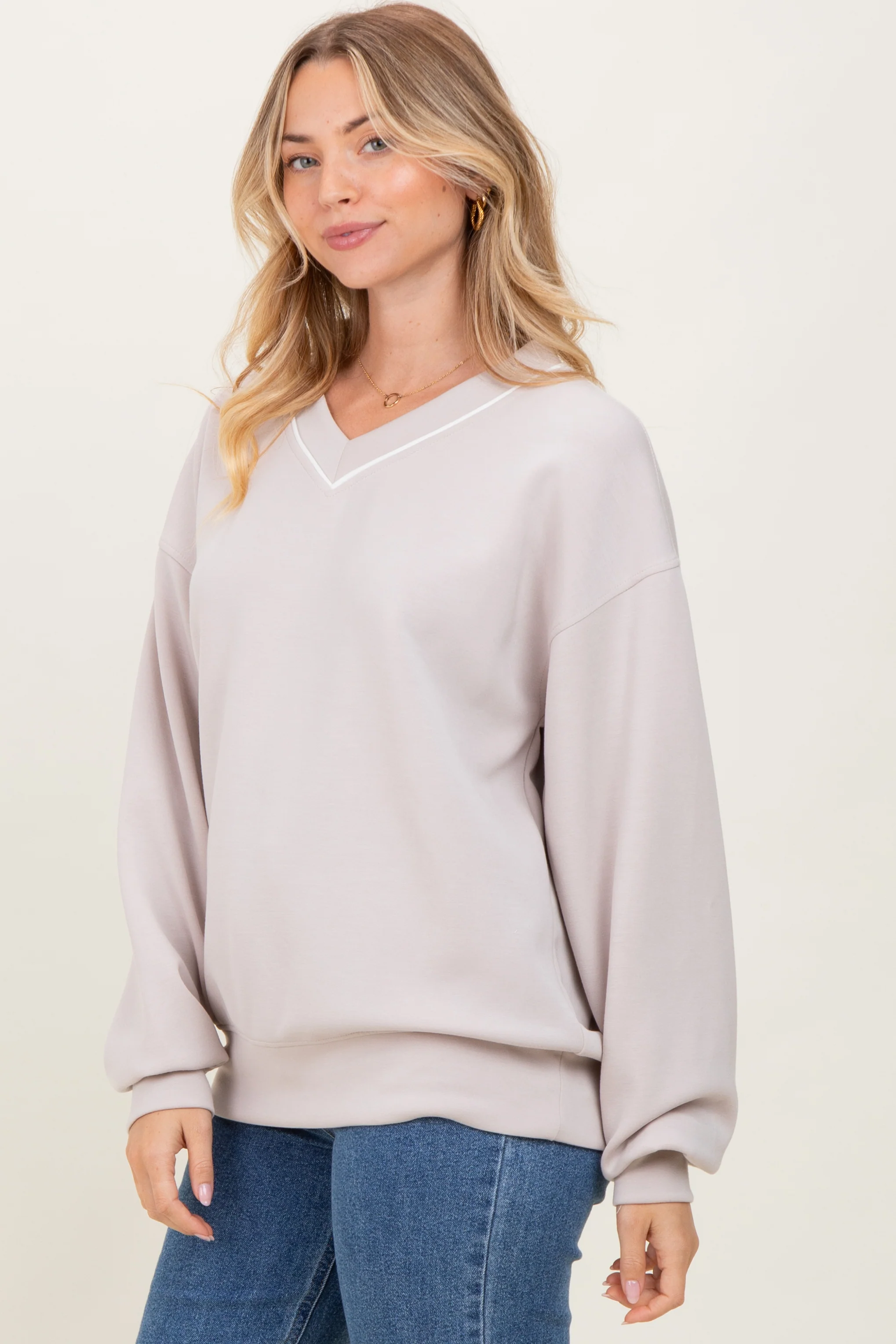 Beige V-Neck Sweatshirt - Image 3