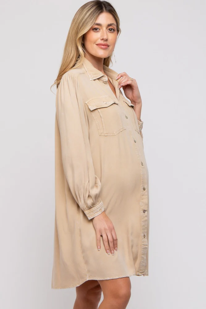 Beige Vintage Wash Maternity Shirt Dress - Image 3