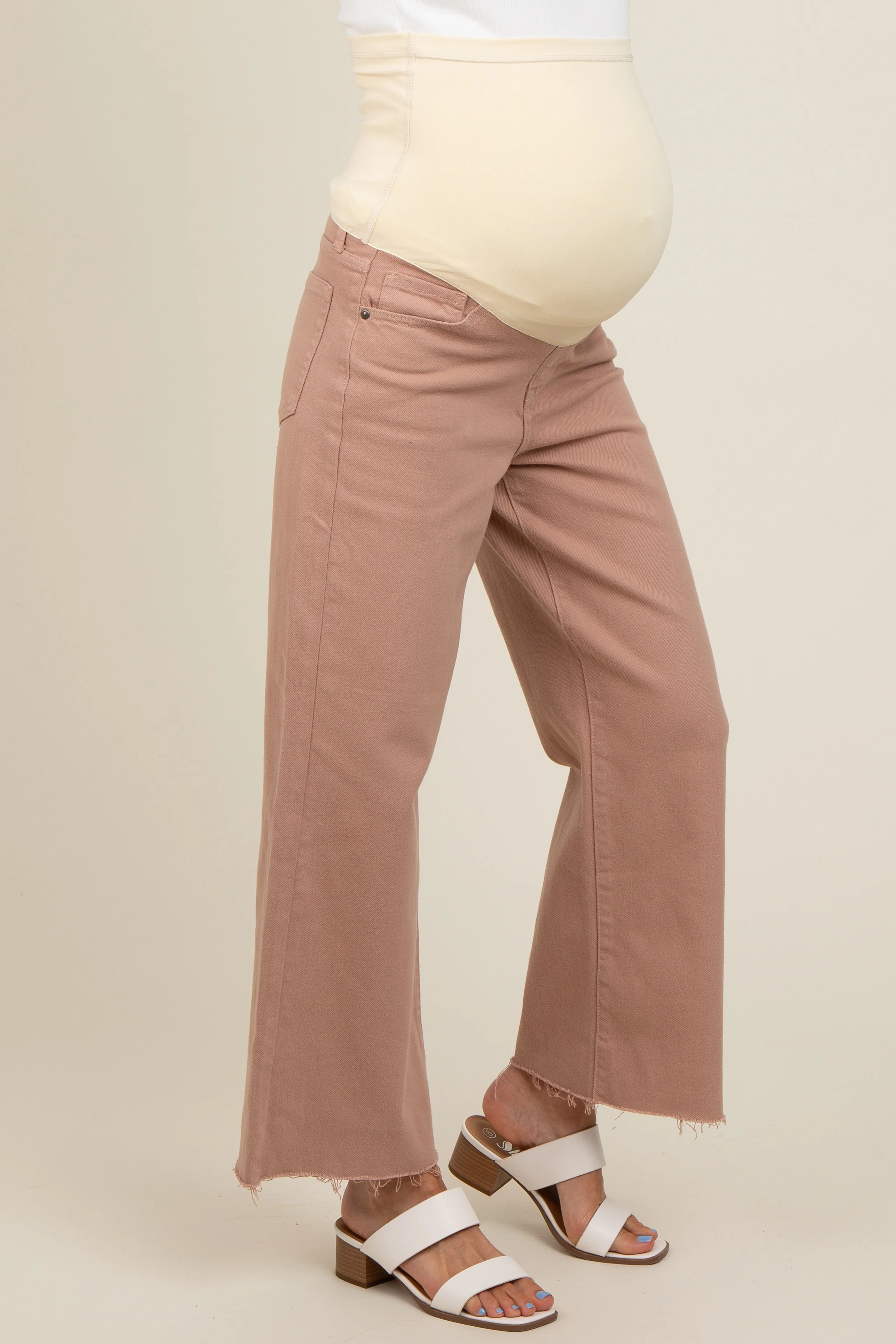 Beige Wide Leg Raw Hem Maternity Jeans - Image 4
