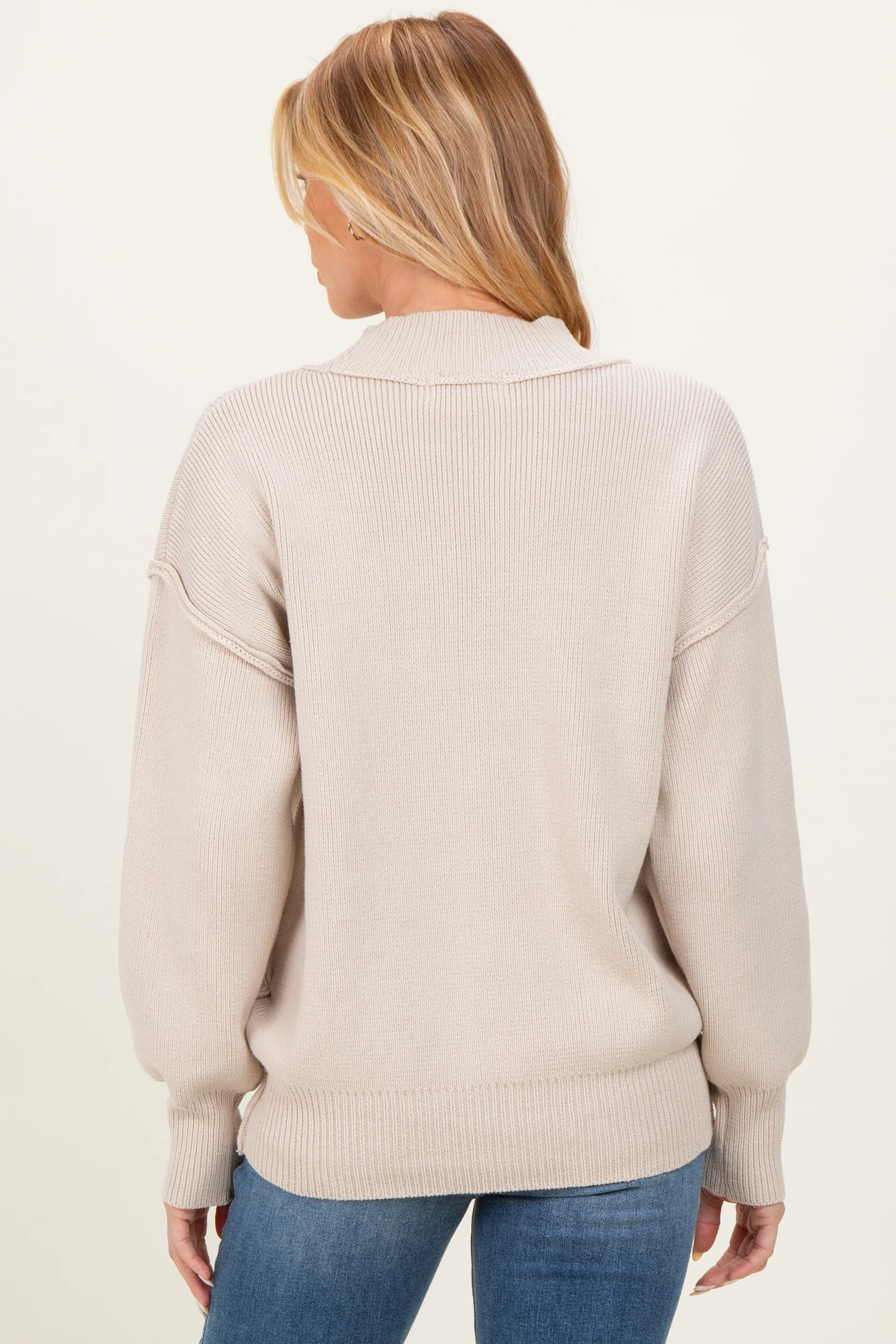 Beige Wide Neck Drop Shoulder Maternity Sweater - Image 5