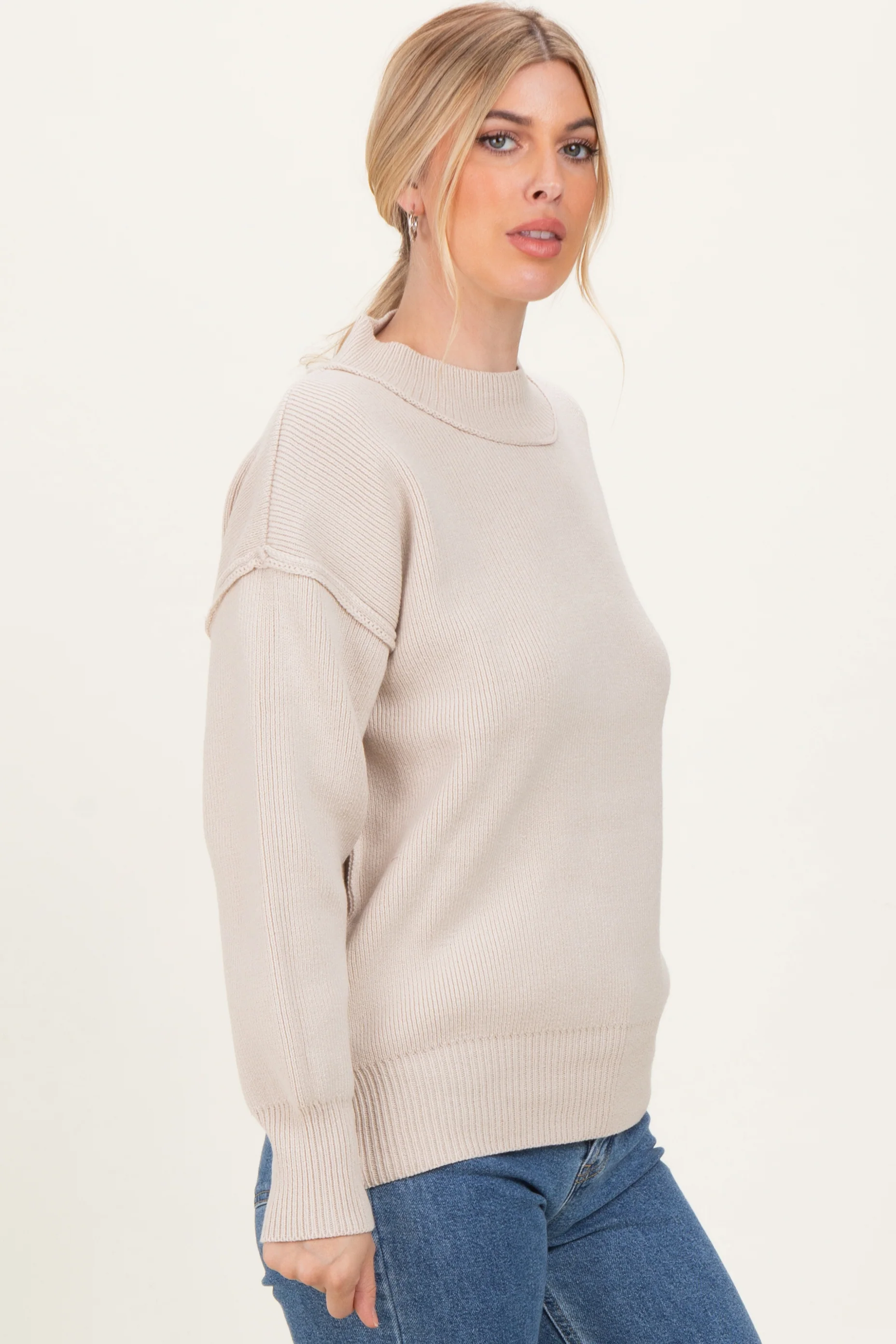 Beige Wide Neck Drop Shoulder Sweater - Image 3