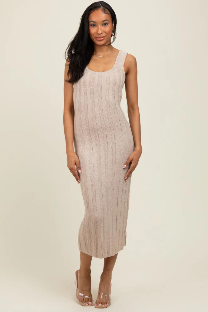 Beige Wide Ribbed Sweater Knit Maternity Midi Dress - Image 5