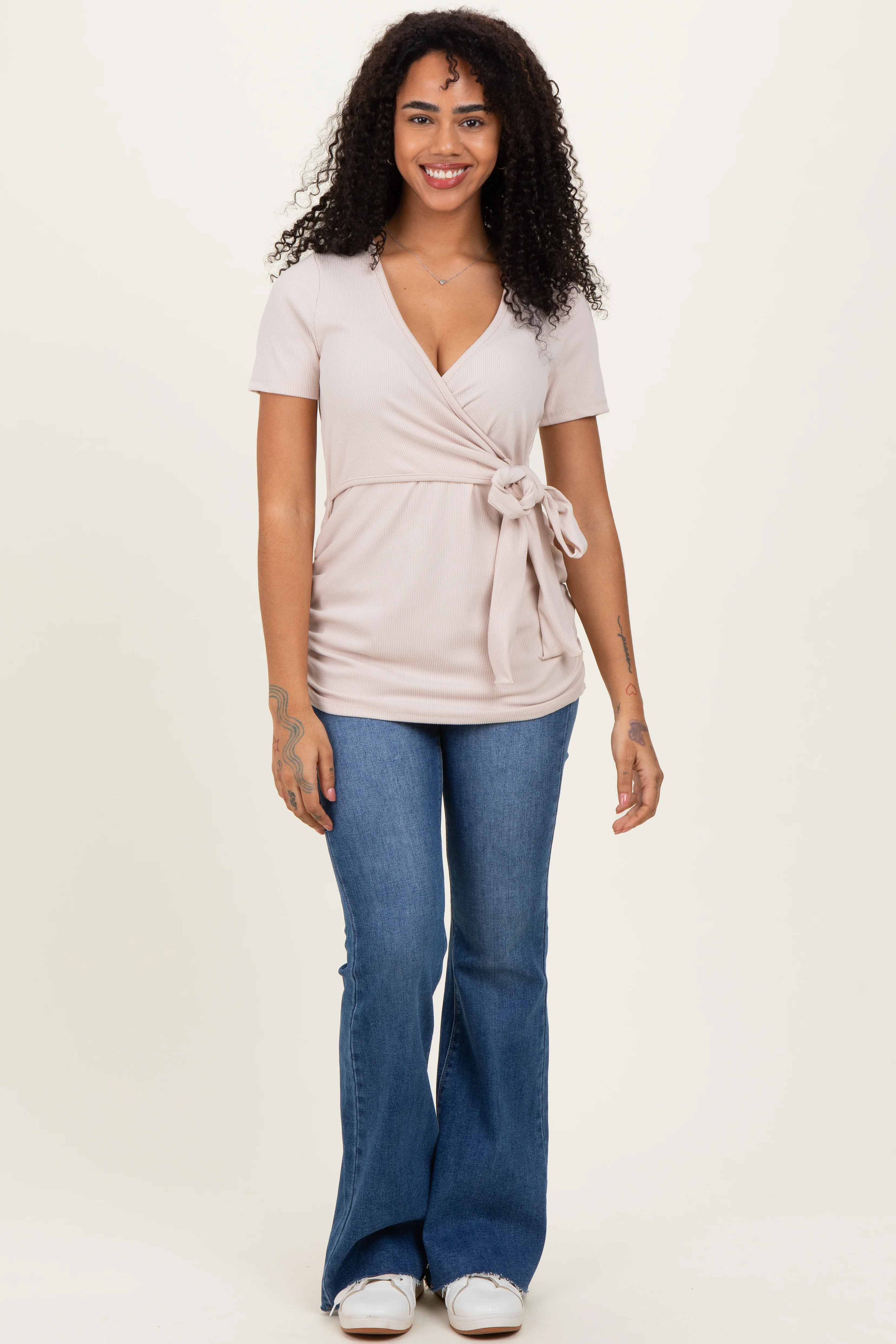 Beige Wrap Front Tie Maternity/Nursing Top - Image 5