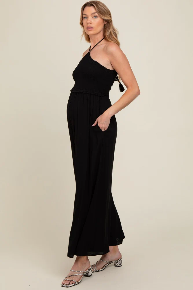 Black Back Cutout Smocked Halter Wide Leg Maternity Jumpsuit - Image 3