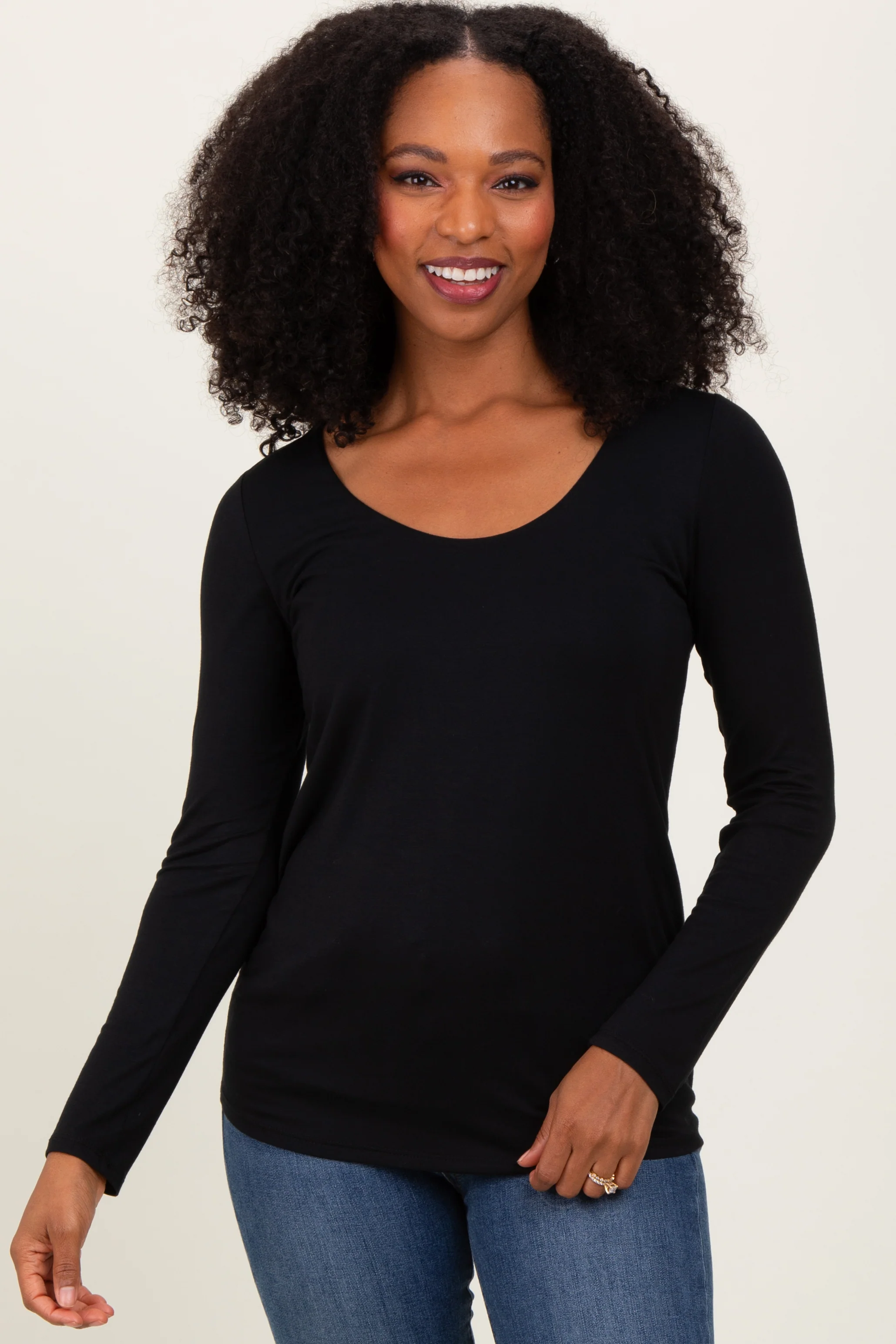 Black Basic Scoop Neck Long Sleeve Maternity Top - Image 3