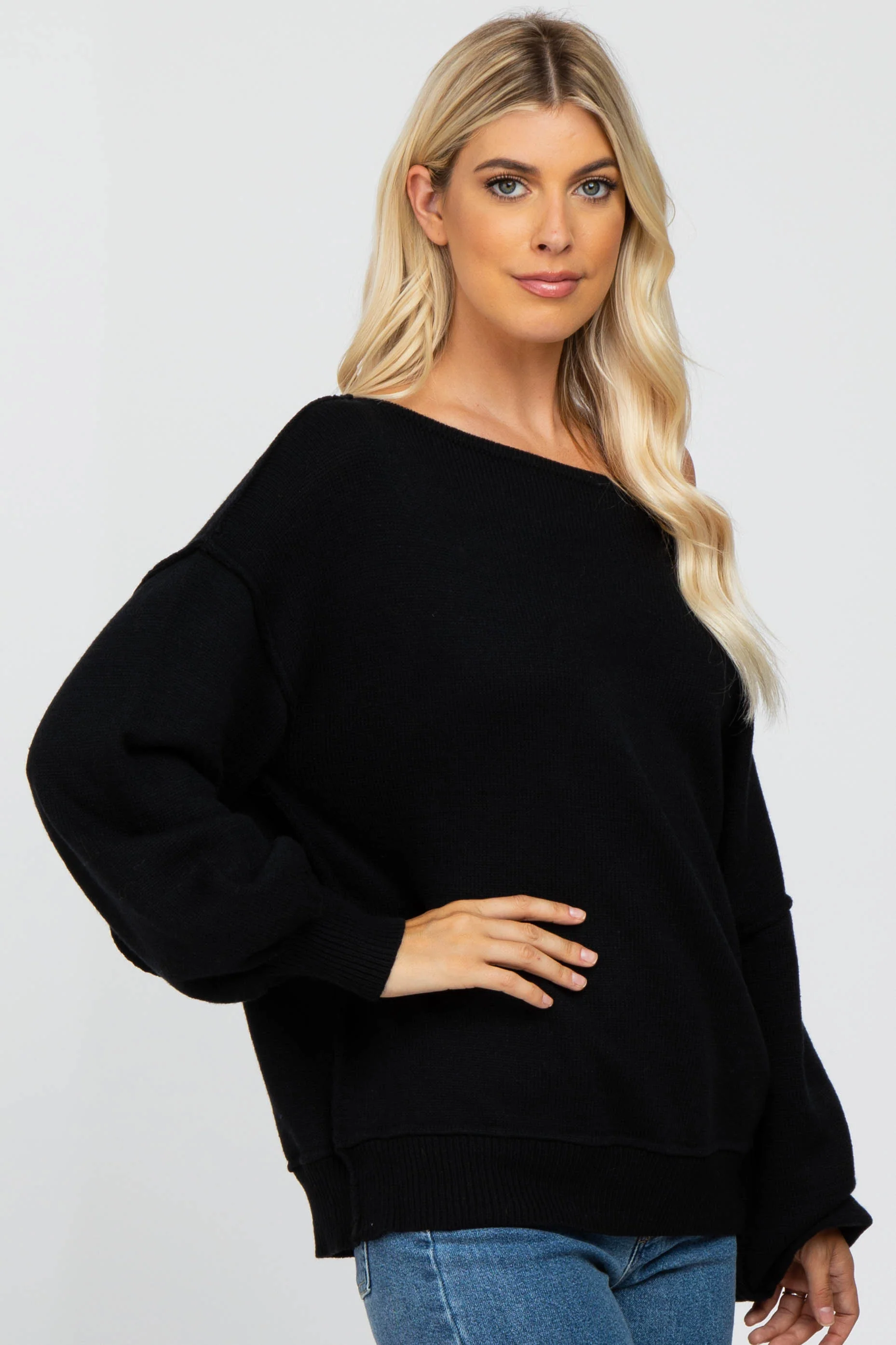 Black Boat Neck Bubble Sleeve Sweater - Image 2