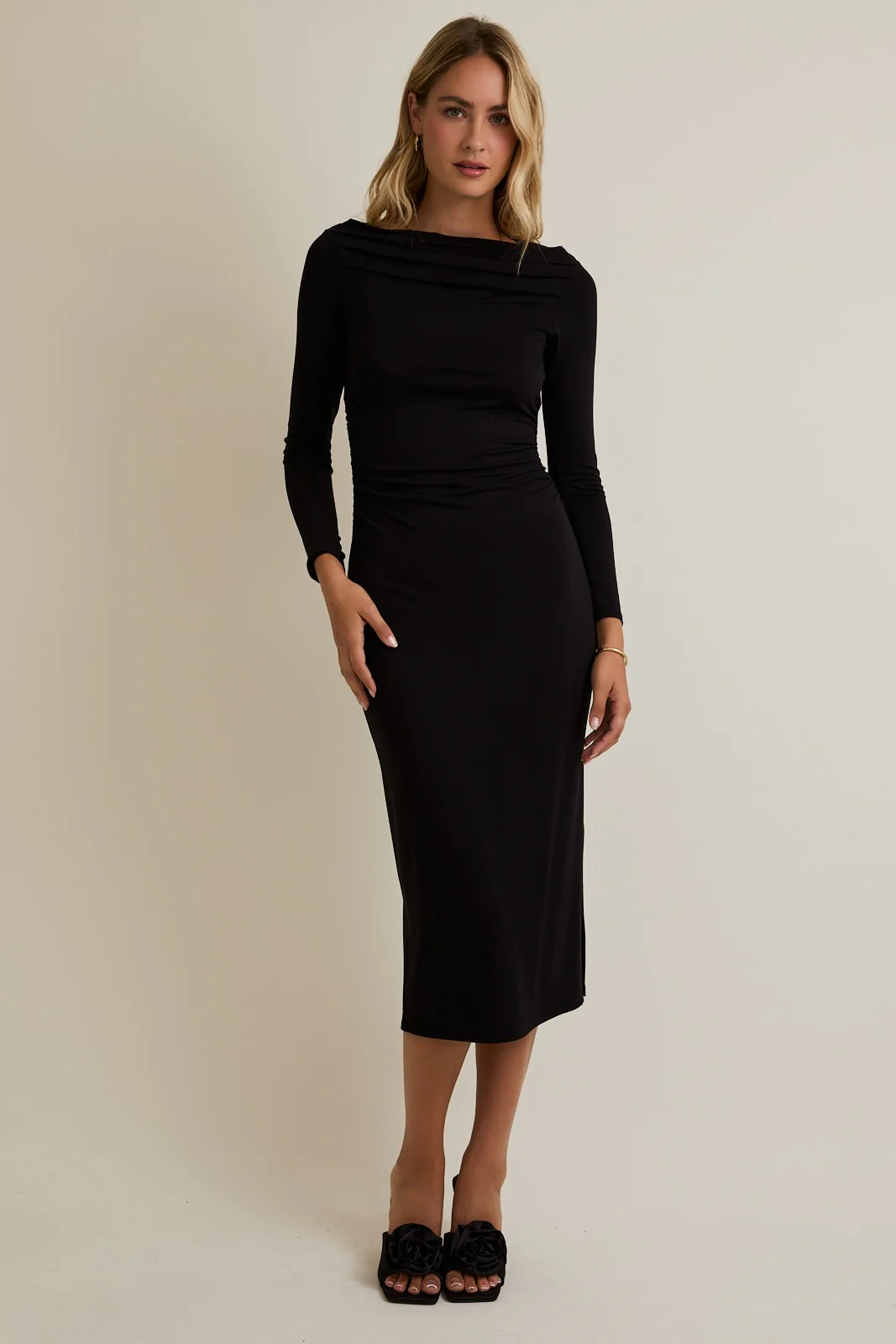 Black Boat Neck Ruched Long Sleeve Maternity Midi Dress - Image 4