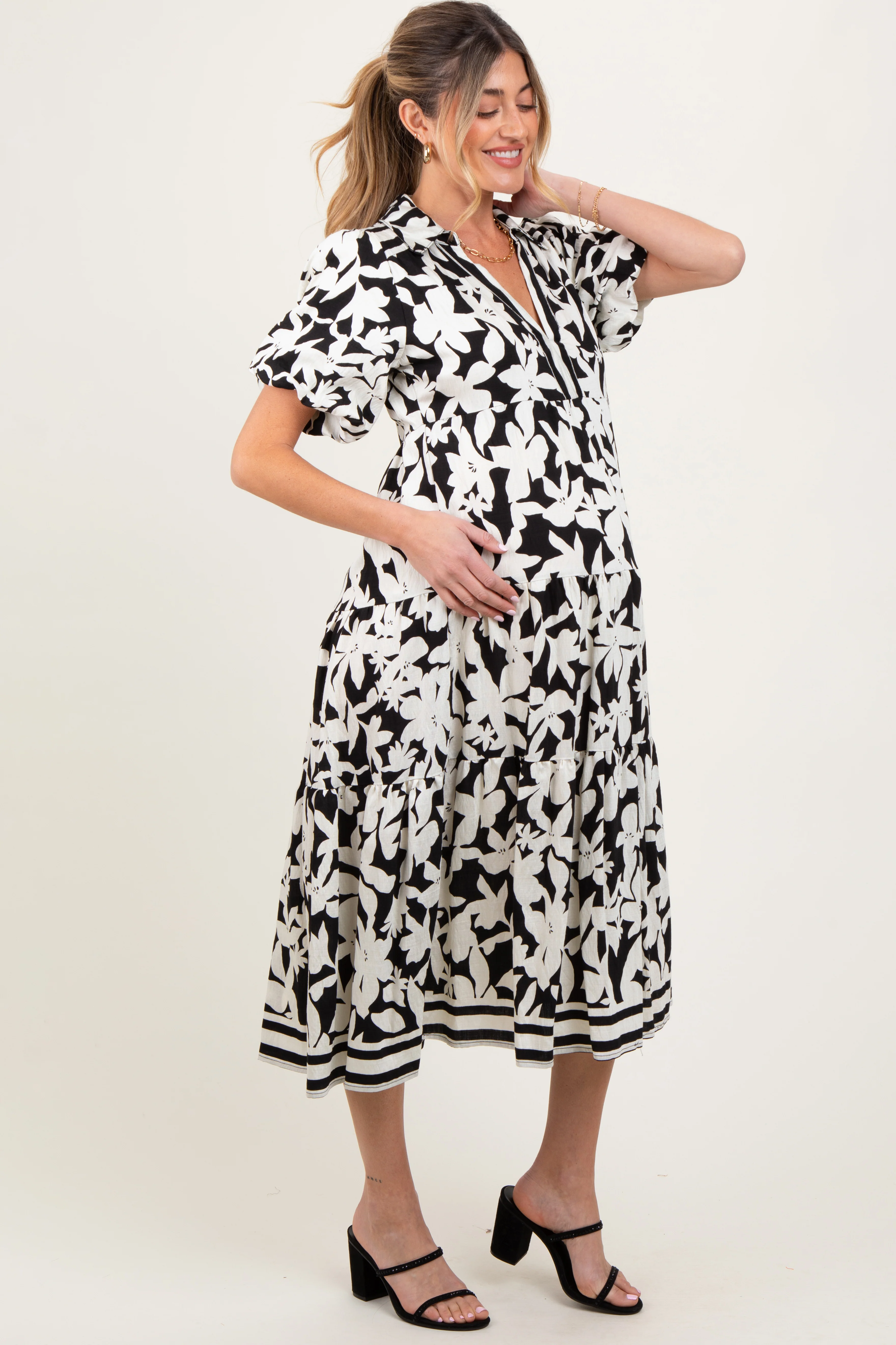 Black Botanical Print A Line Tiered Maternity Dress - Image 3