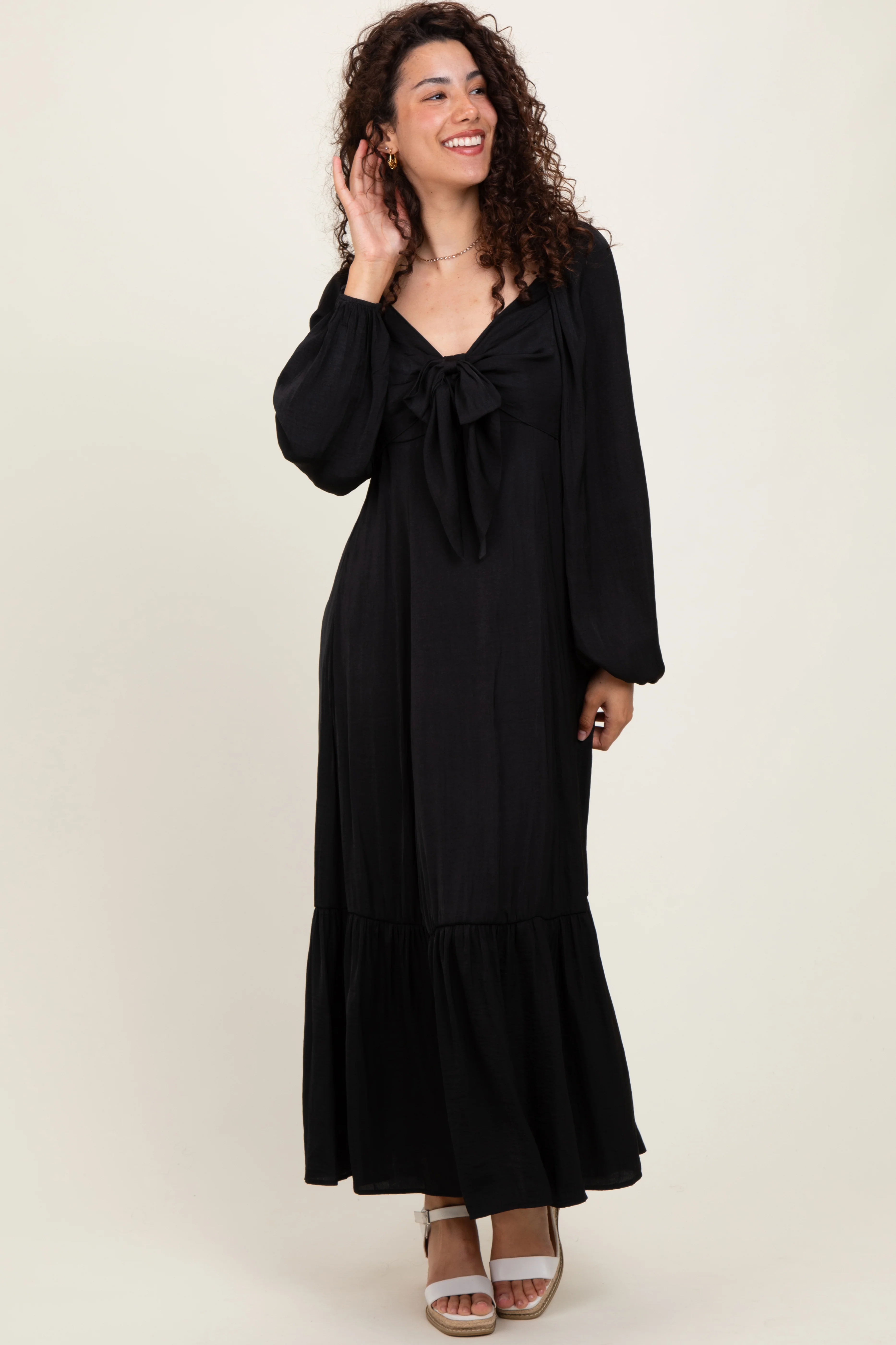 Black Bow Satin Maxi Dress - Image 2