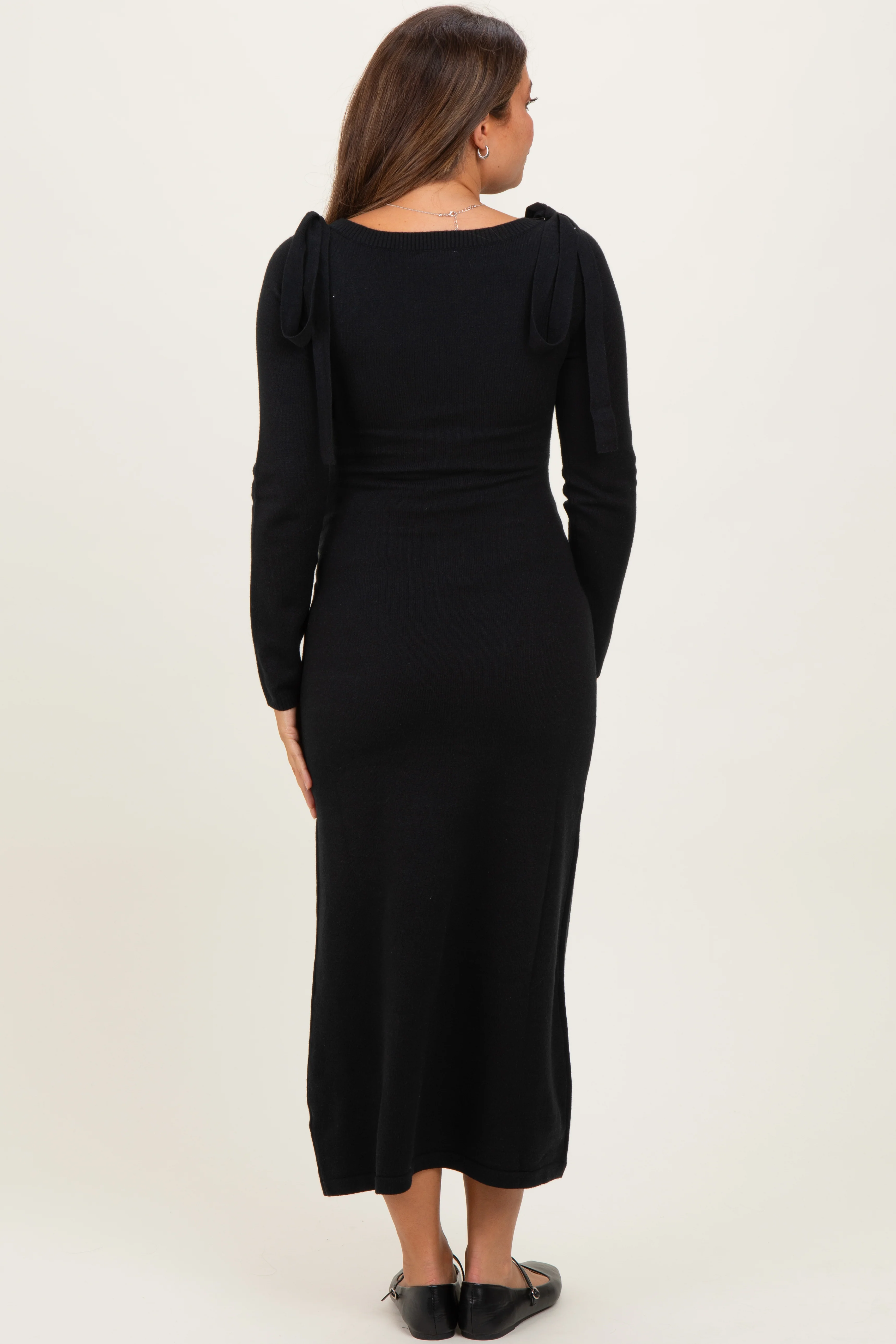 Black Bow Shoulder Knit Maternity Dress - Image 5