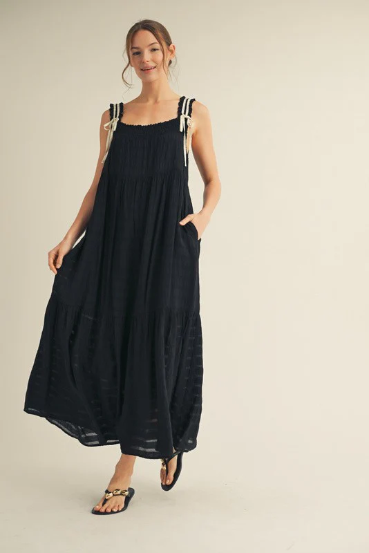 Black Bow Tie Accent Tiered Maxi Dress - Image 3