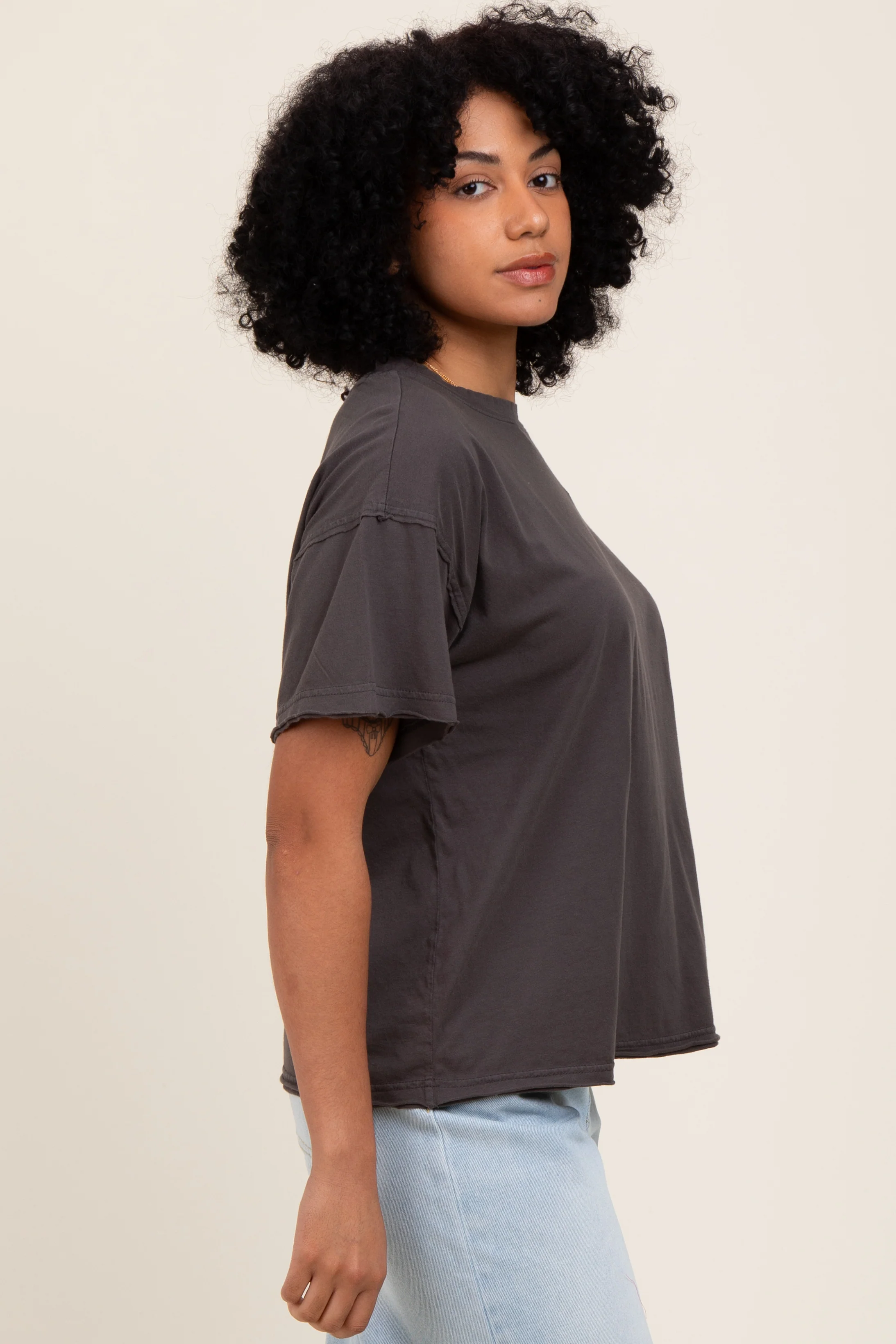 Black Boxy Raw Edge Short Sleeve Tee - Image 3