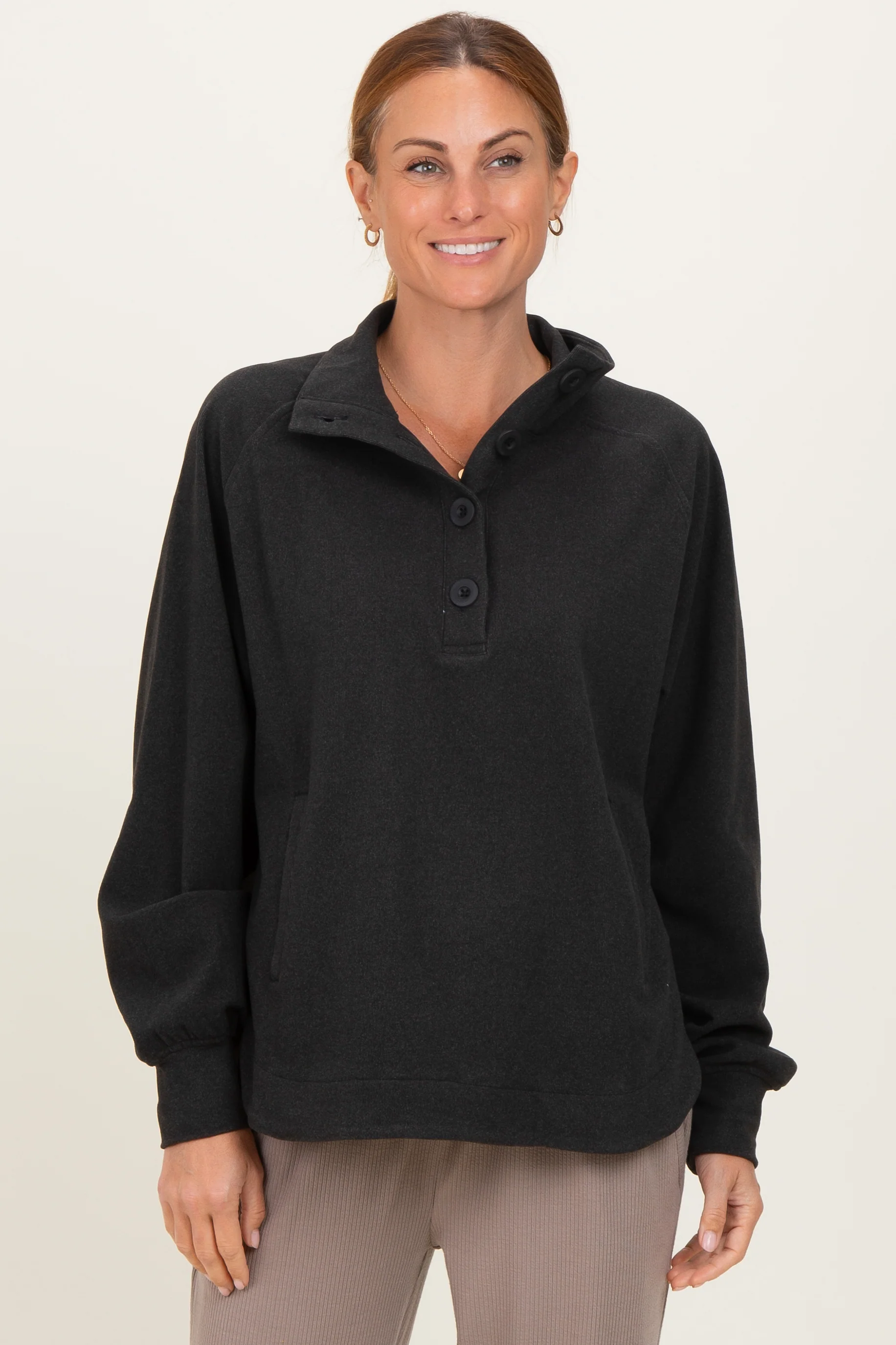 Black Brushed Knit Button Collar Maternity Pullover - Image 5