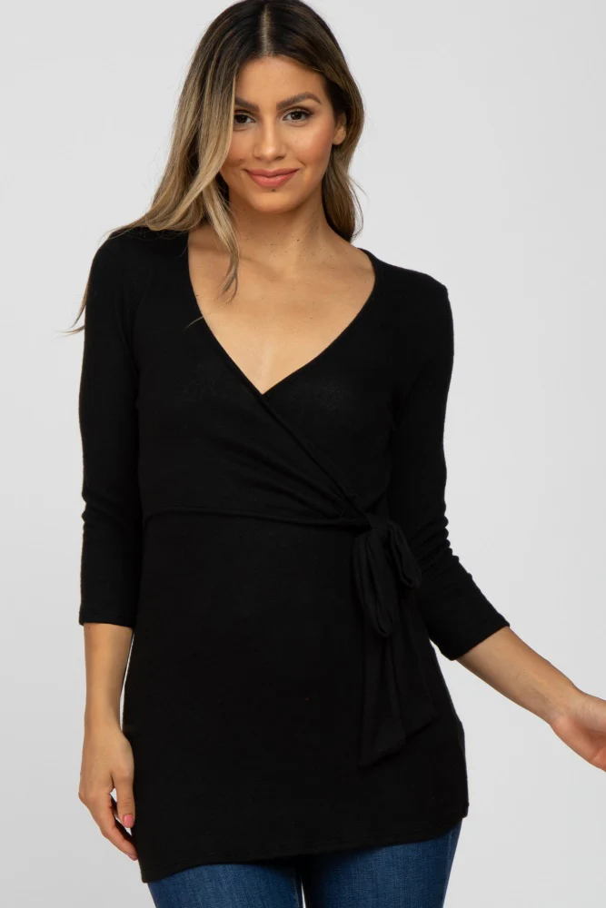 Black Brushed Knit Maternity Wrap Top - Image 5