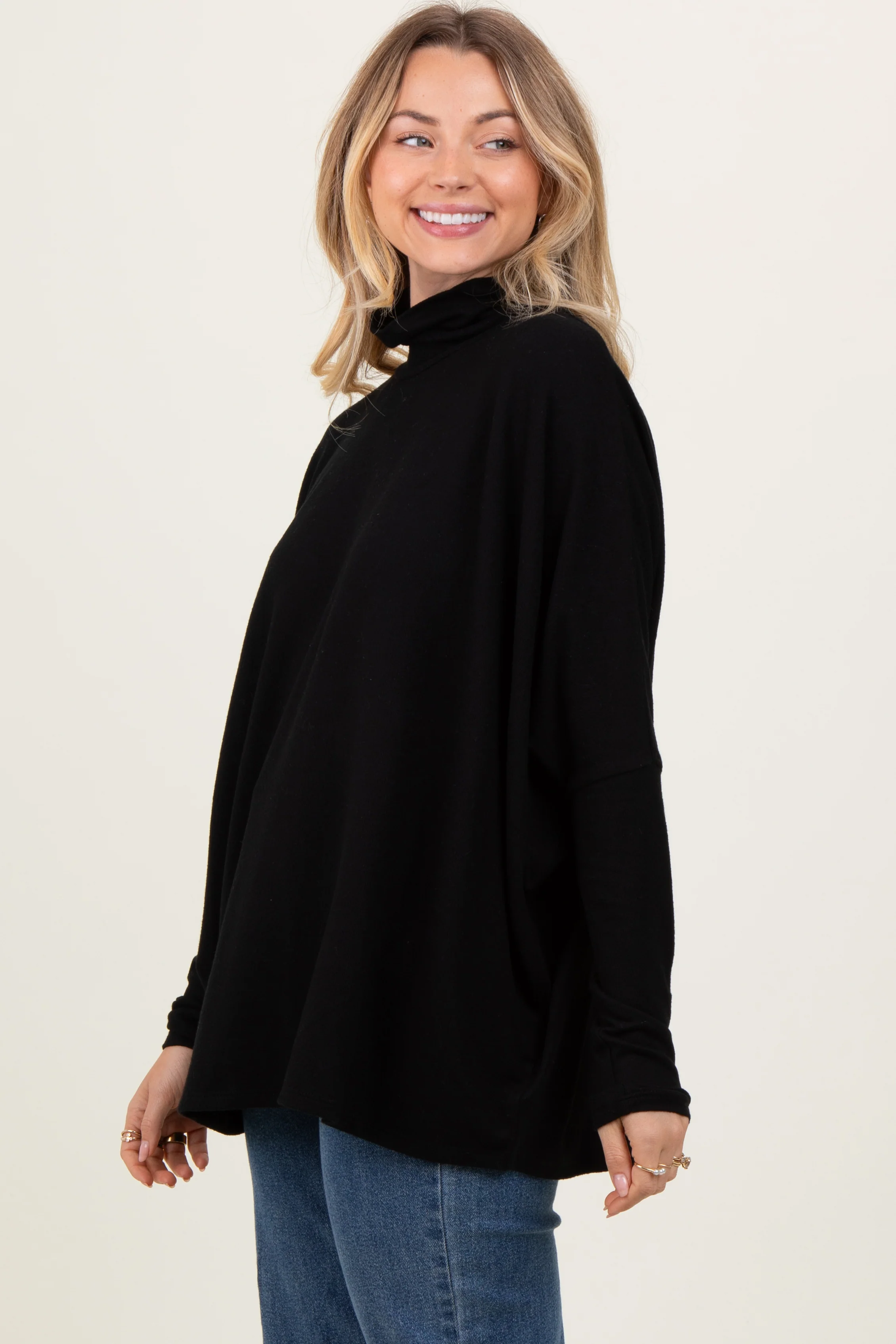Black Brushed Knit Turtleneck Dolman Sleeve Top - Image 2