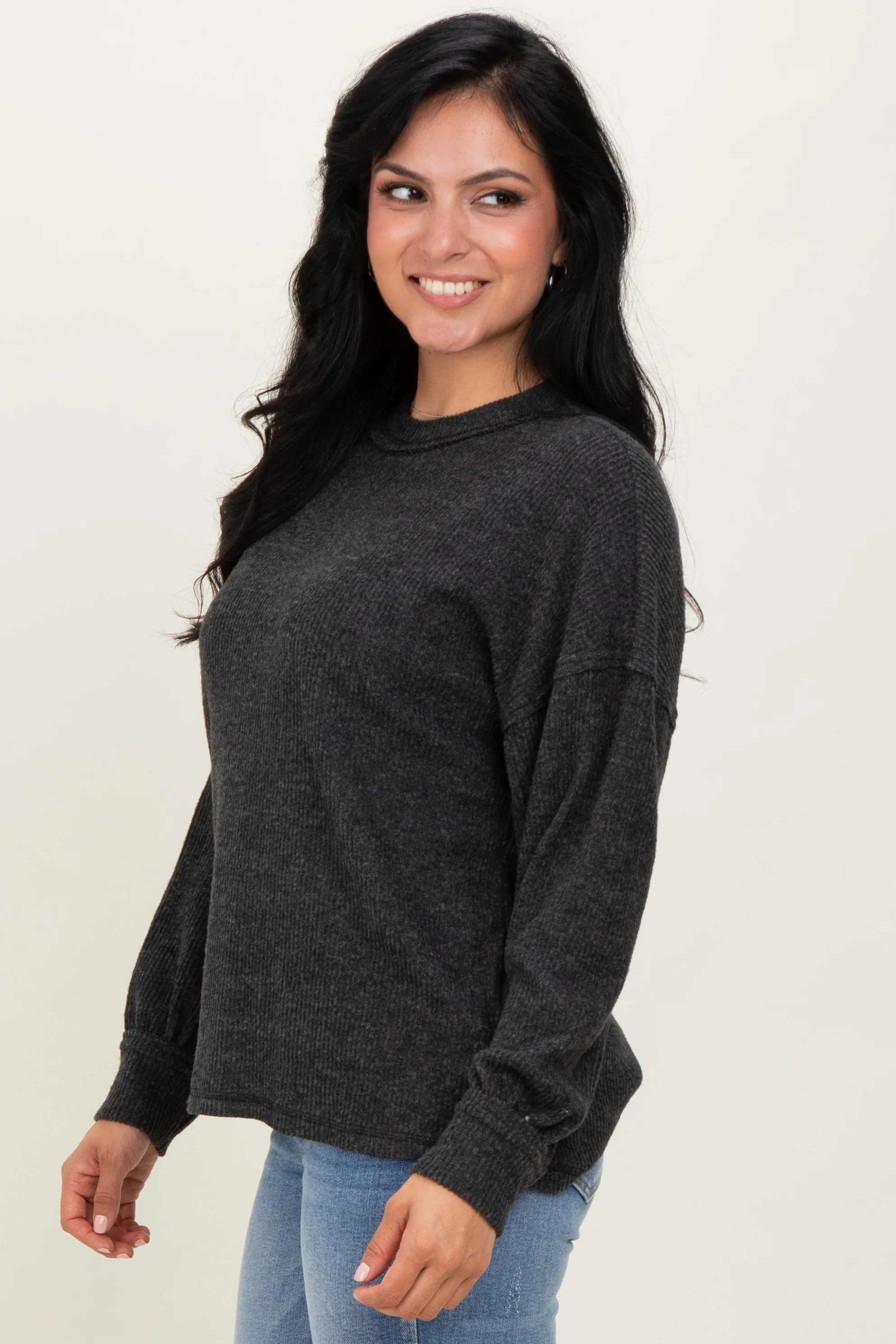 Black Brushed Ribbed Knit Pullover - Image 3