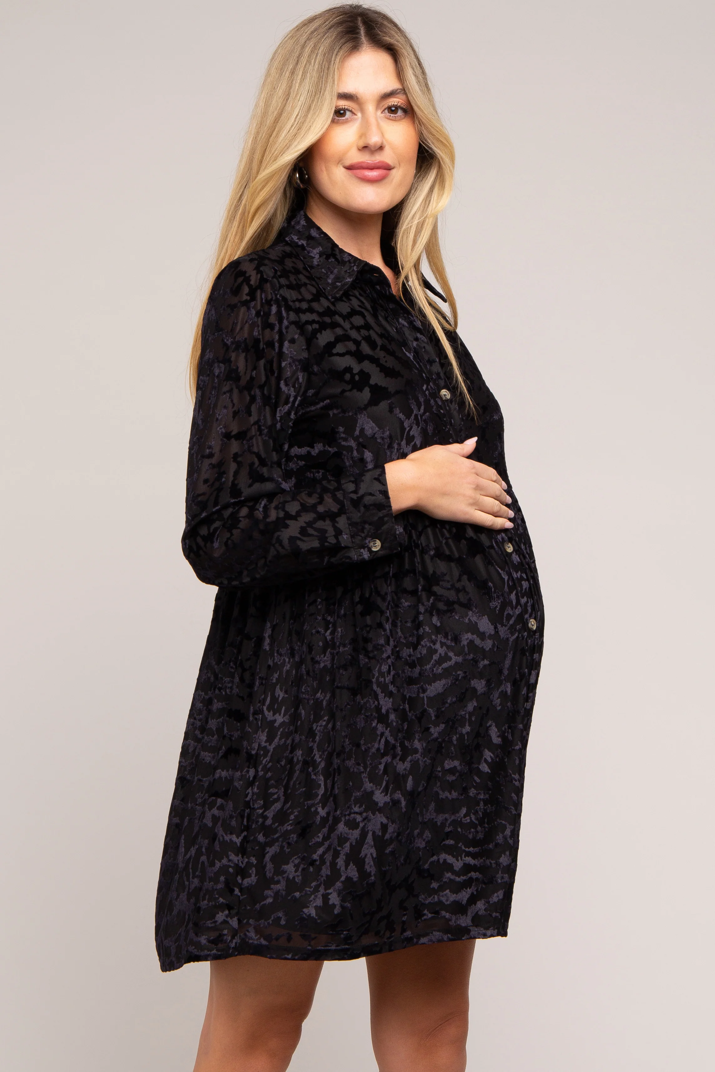 Black Burnout Velvet Maternity Button Up Dress - Image 3
