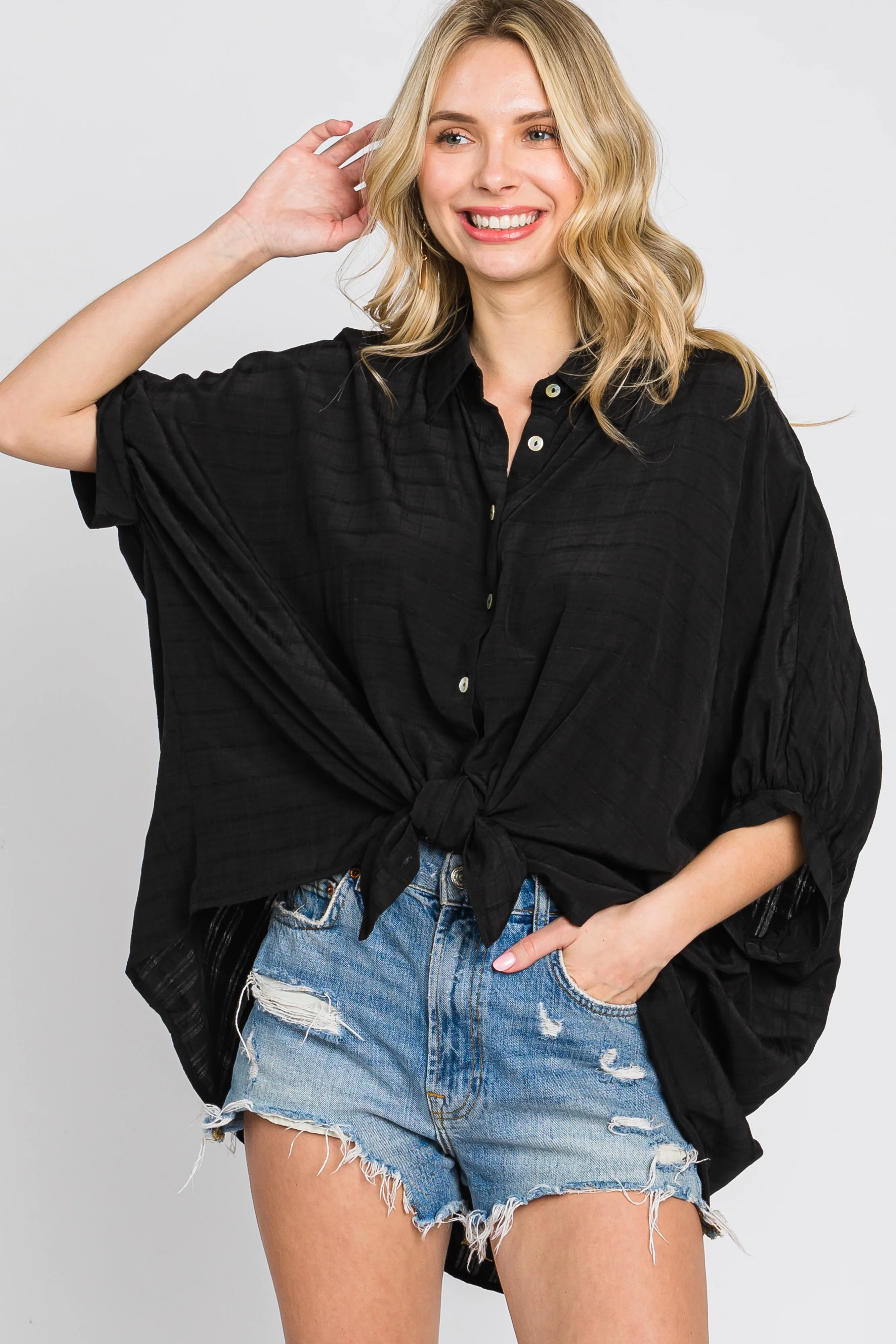 Black Button Down 3/4 Sleeve Maternity Top - Image 5