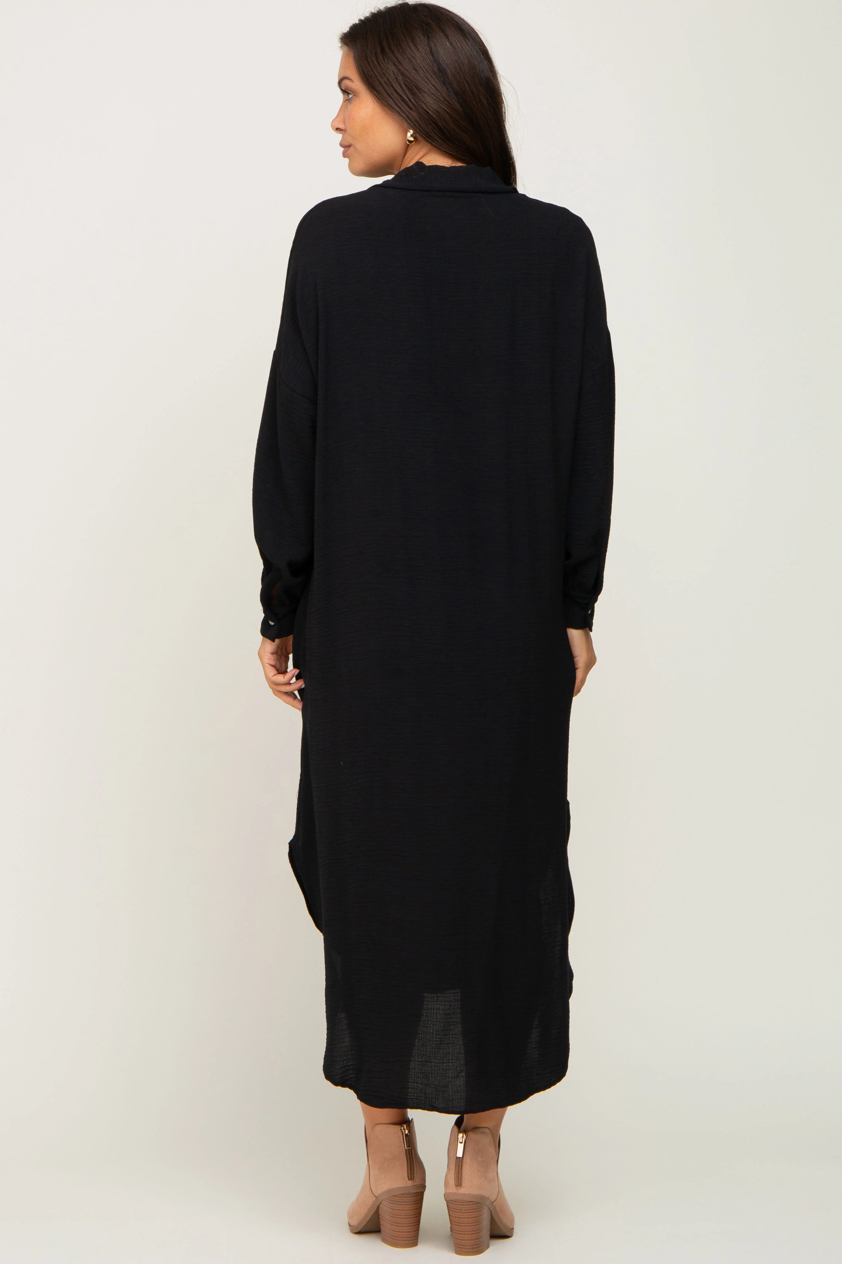 Black Button Down Front Pocket Maternity Midi Dress - Image 4