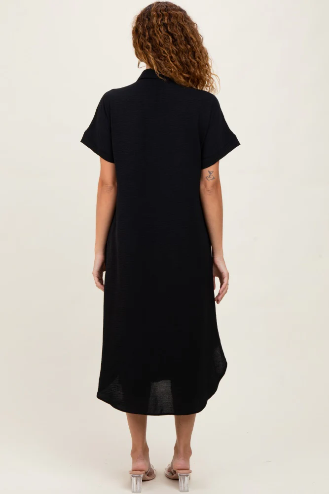 Black Button Down Front Pocket Midi Dress - Image 4