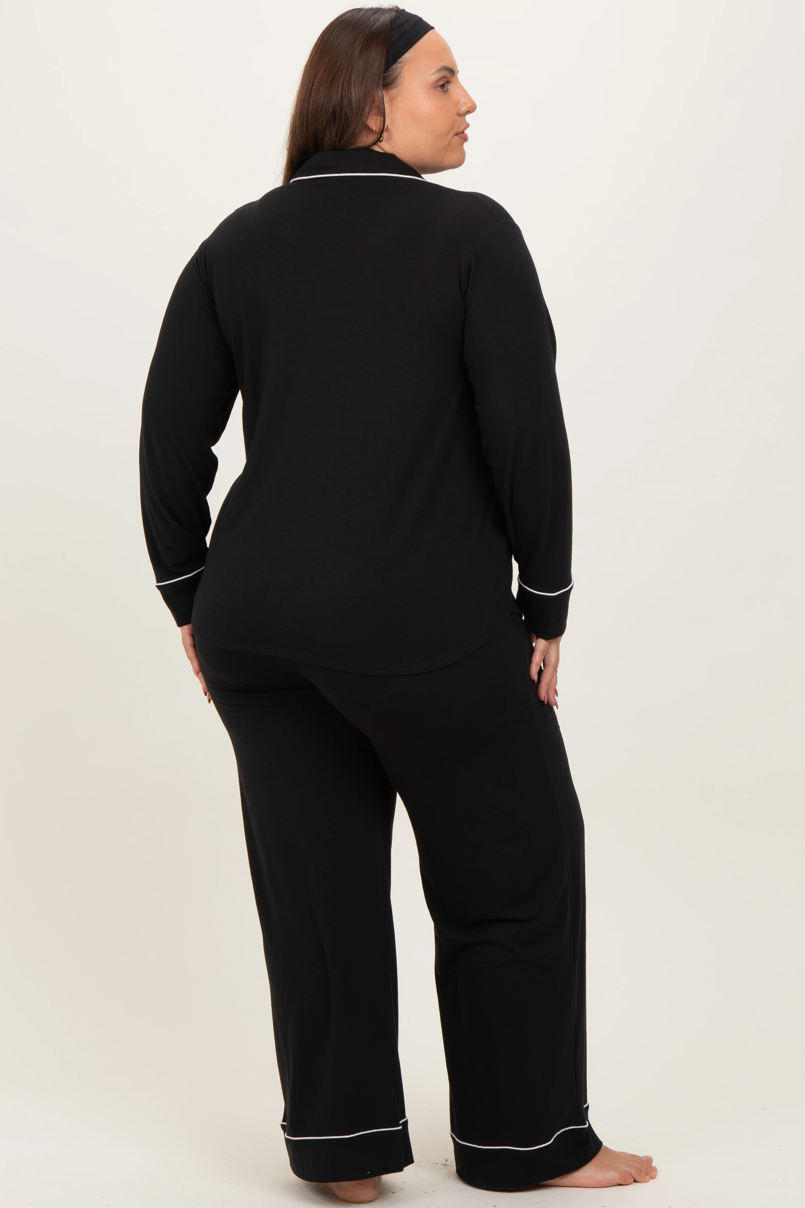 Black Button Down Top Wide Leg Pant Plus Pajama Set - Image 4
