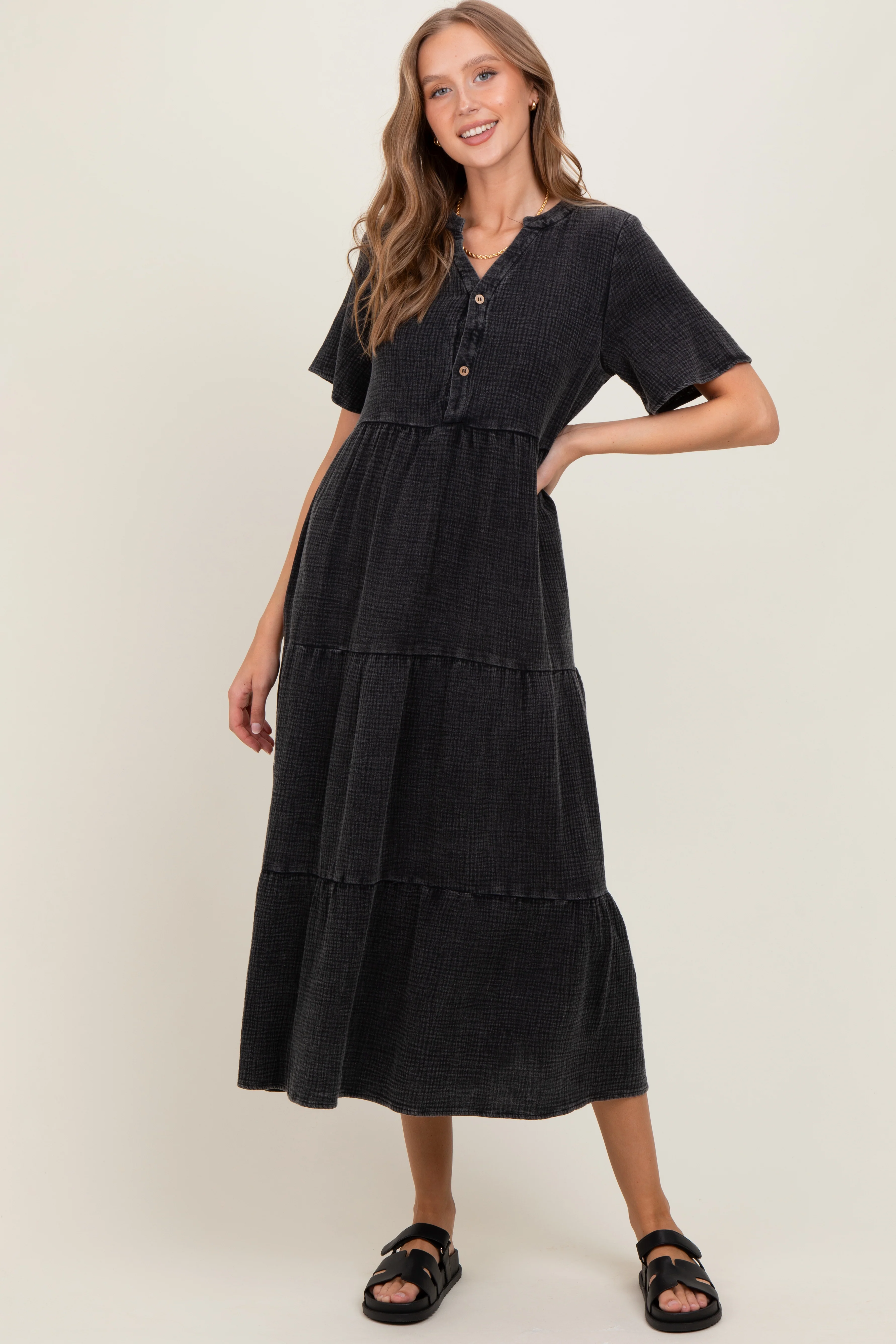 Black Button Front Tiered Maternity Maxi Dress - Image 5