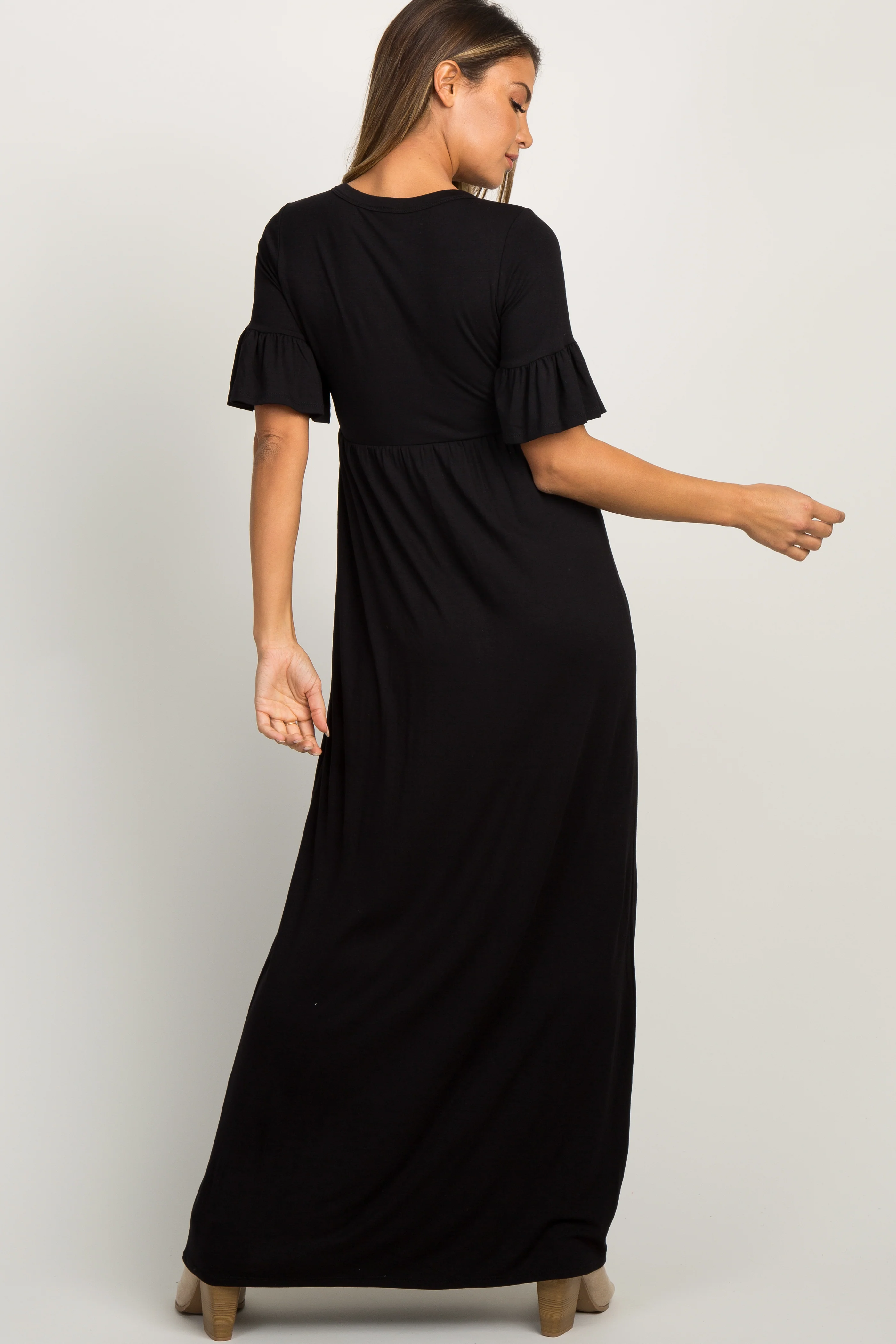 Black Button Ruffle Sleeve Maxi Dress - Image 3