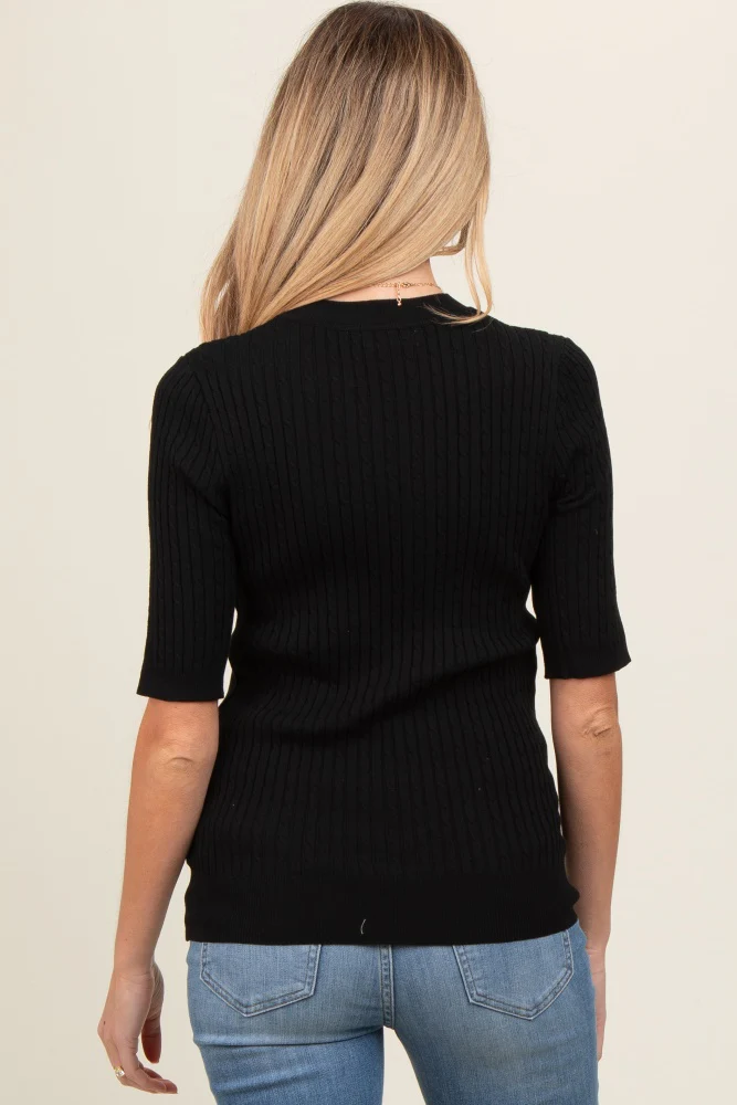 Black Cable Knit Maternity Short Sleeve Top - Image 4