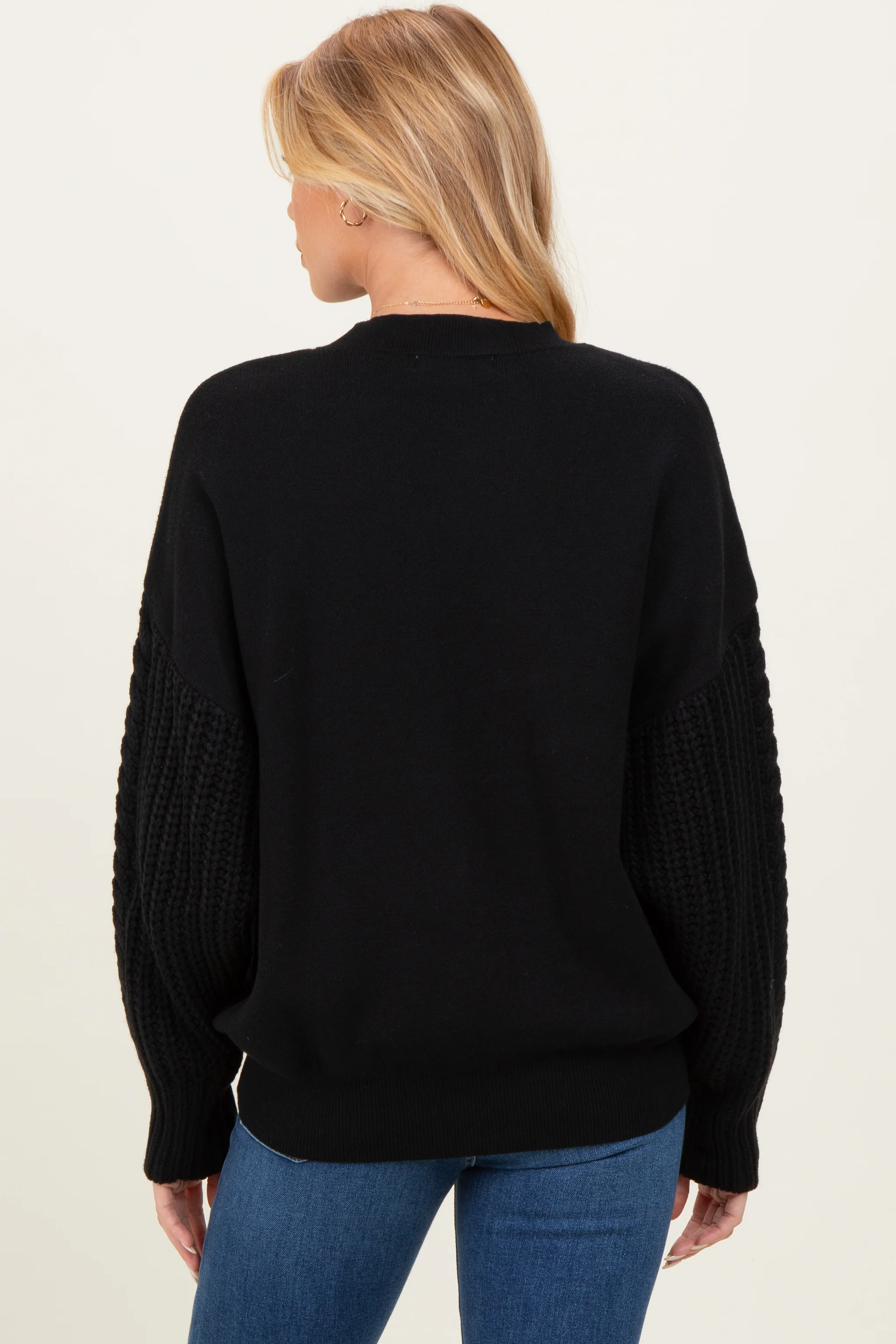 Black Cable Knit Sleeve Round Neck Maternity Sweater - Image 7