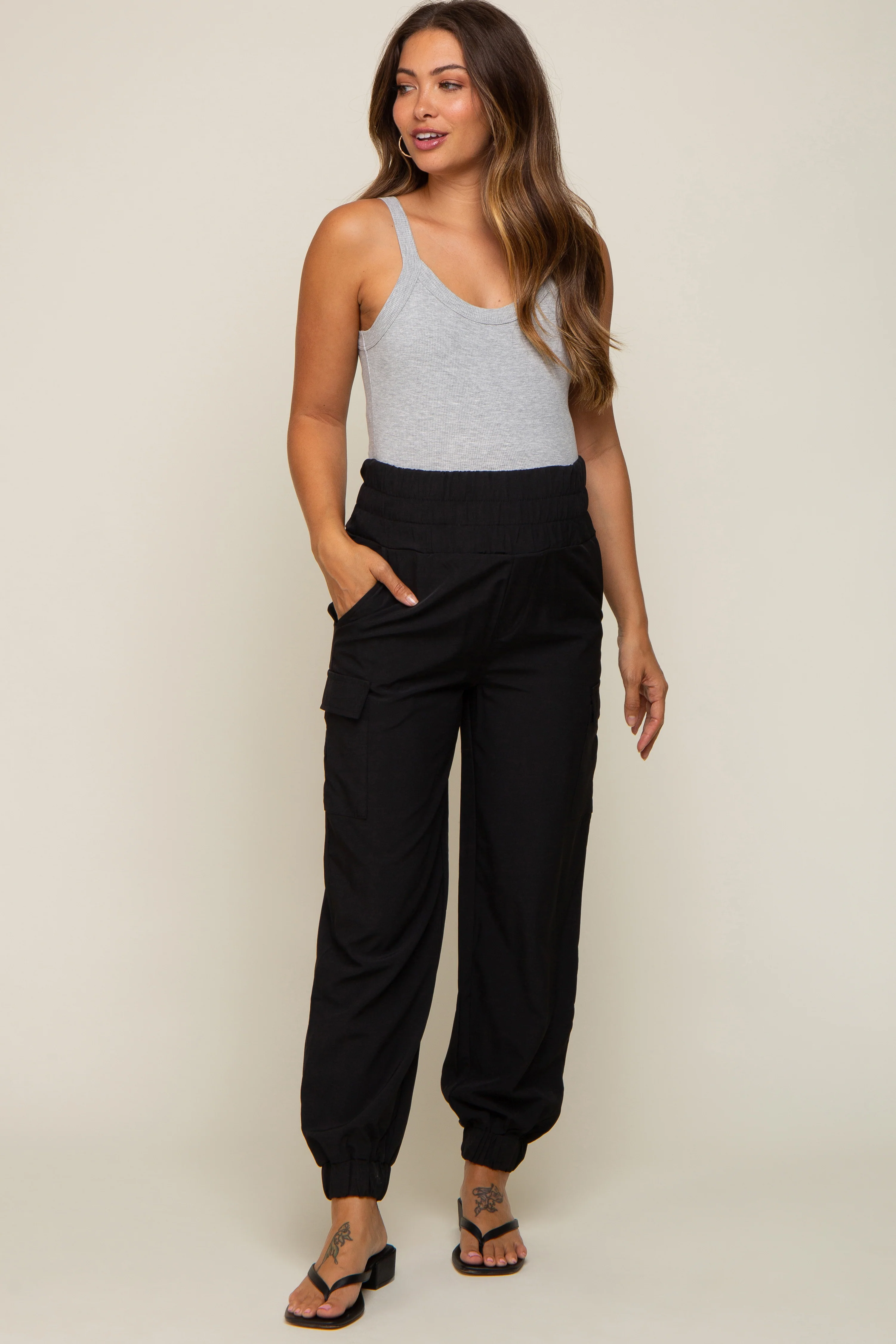 Black Cargo Pocket Maternity Joggers - Image 5