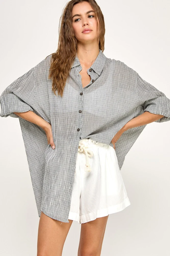 Black Checker Plaid Oversized Button Down Shirt - Image 2