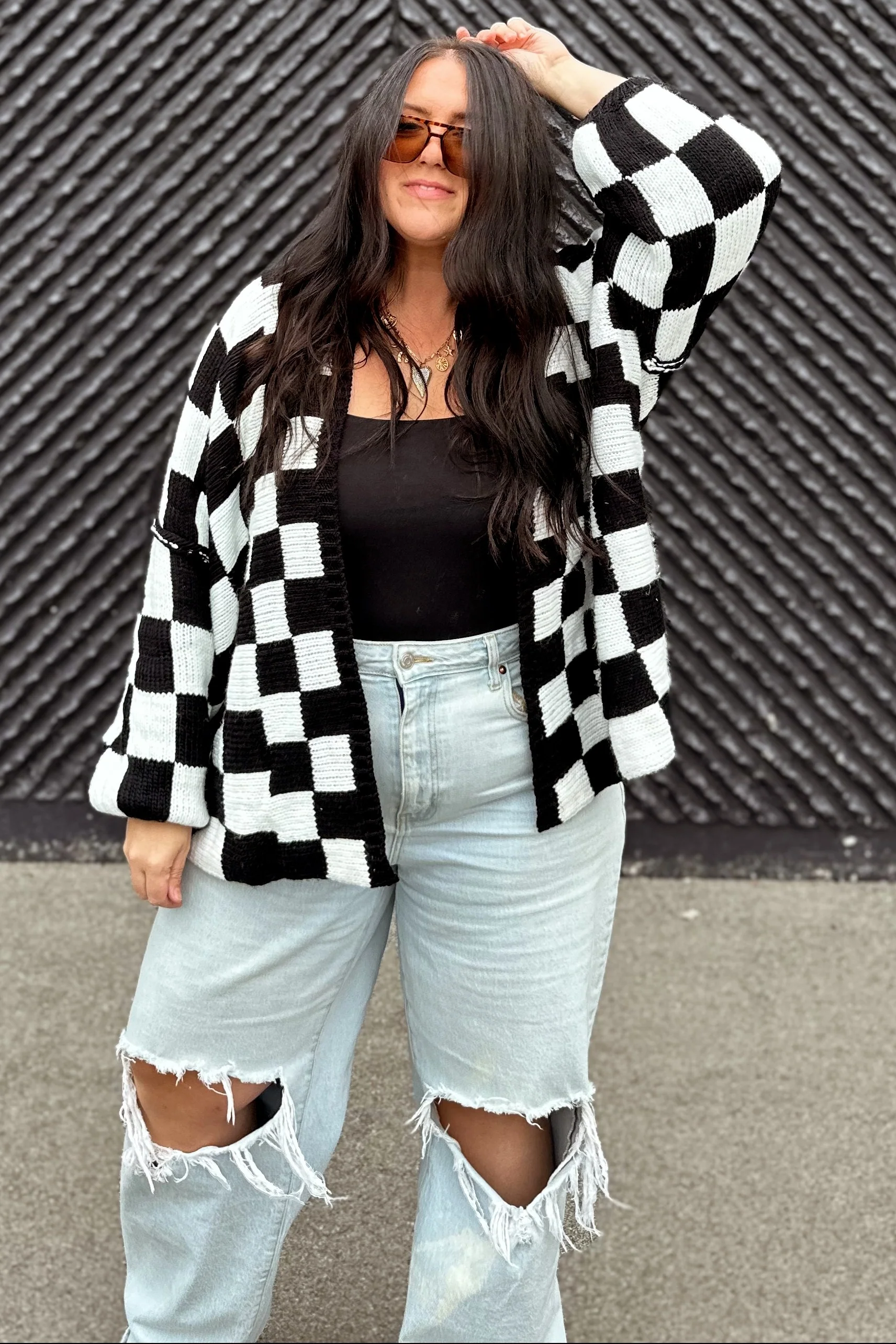 Black Checkered Print Oversized Cardigan - Image 6