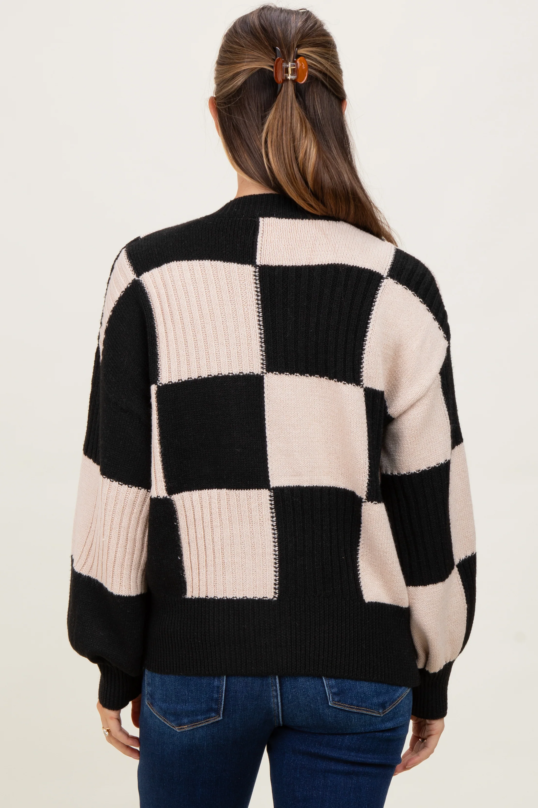 Black Checkered Rib Bubble Sleeve Button Maternity Cardigan - Image 4