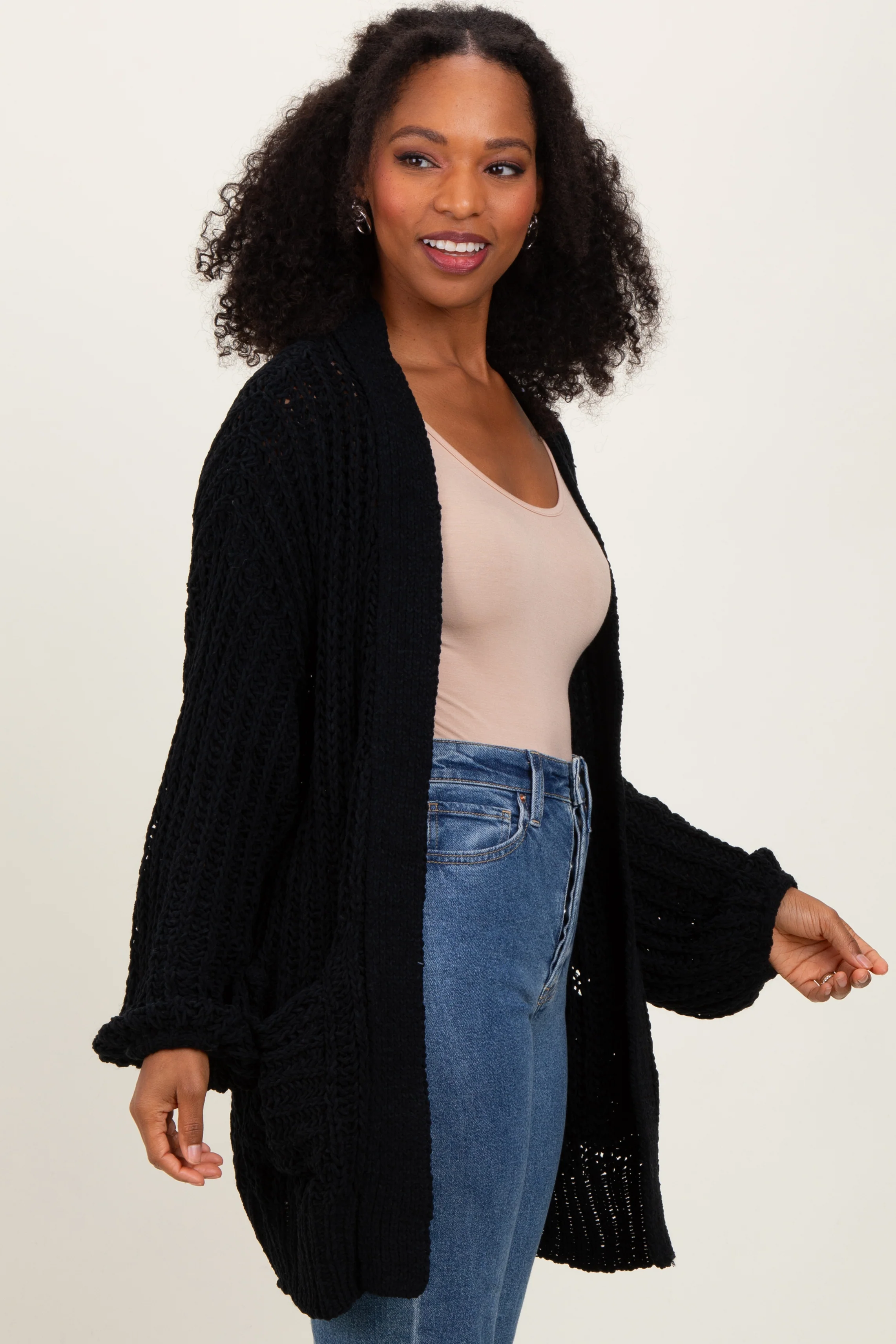 Black Chunky Knit Oversized Pocket Cardigan - Image 3