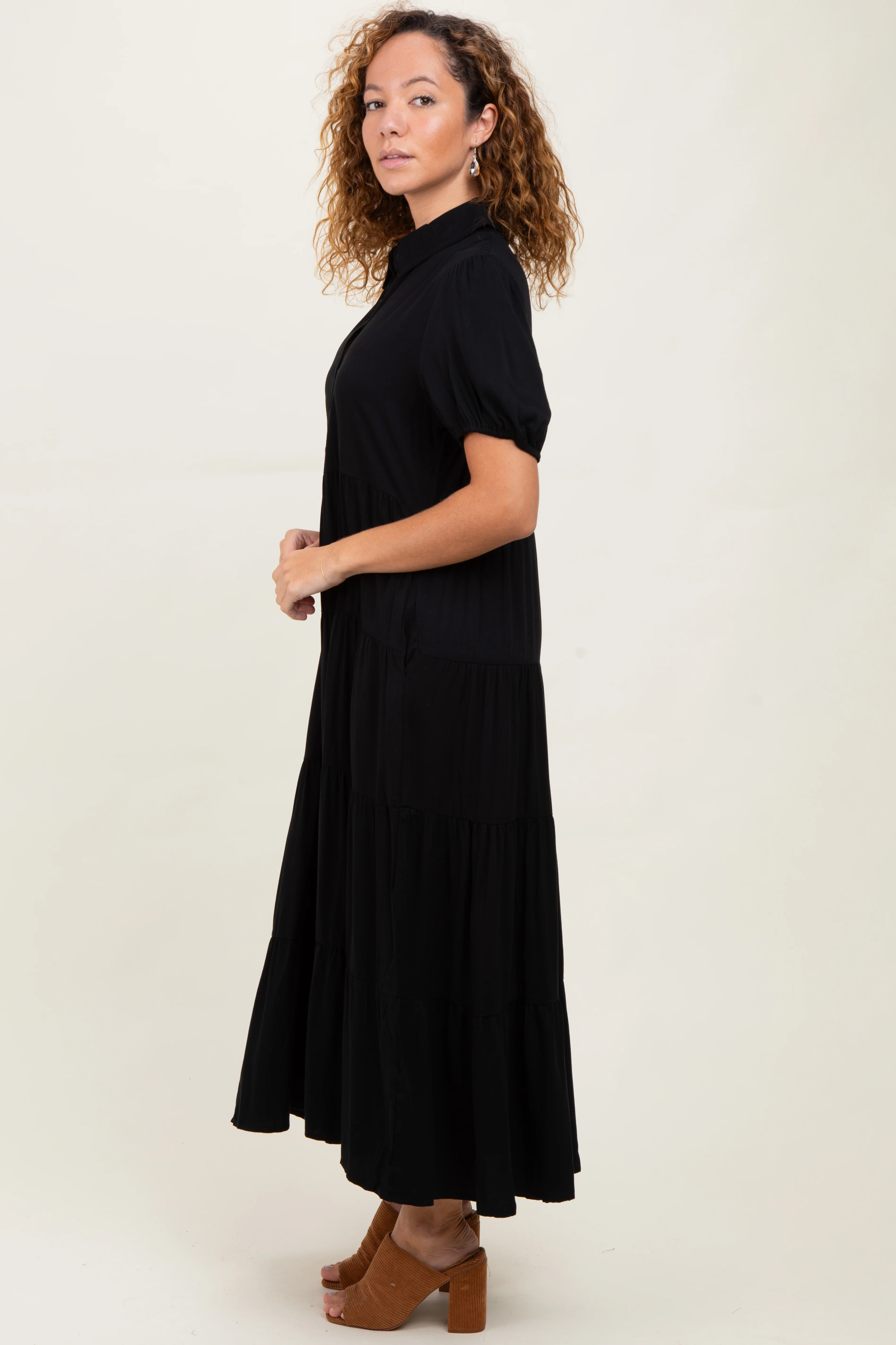 Black Collared Button Down Tiered Midi Dress - Image 3