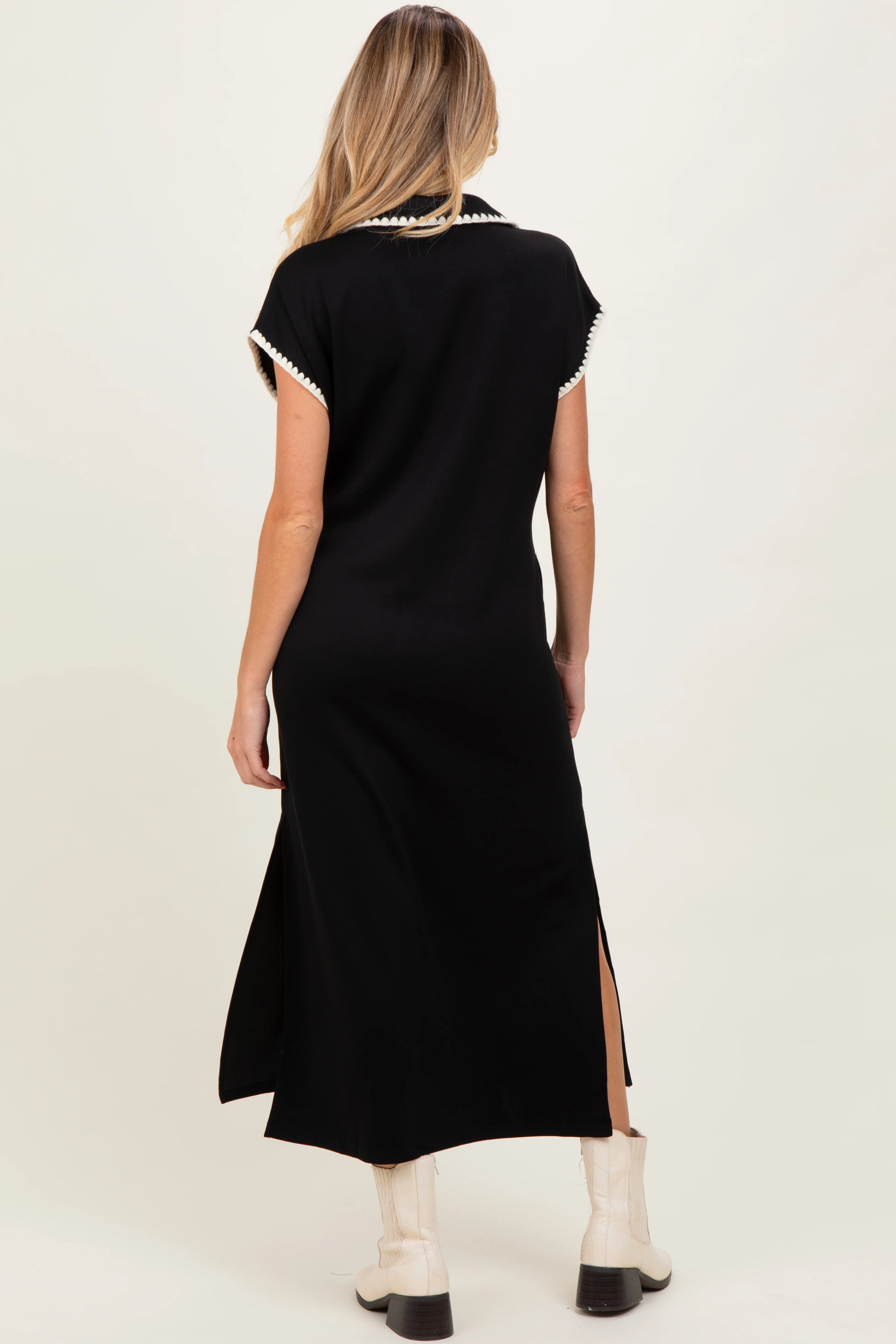 Black Collared Stitch Detail Short Sleeve Maternity Midi Dress - Image 4