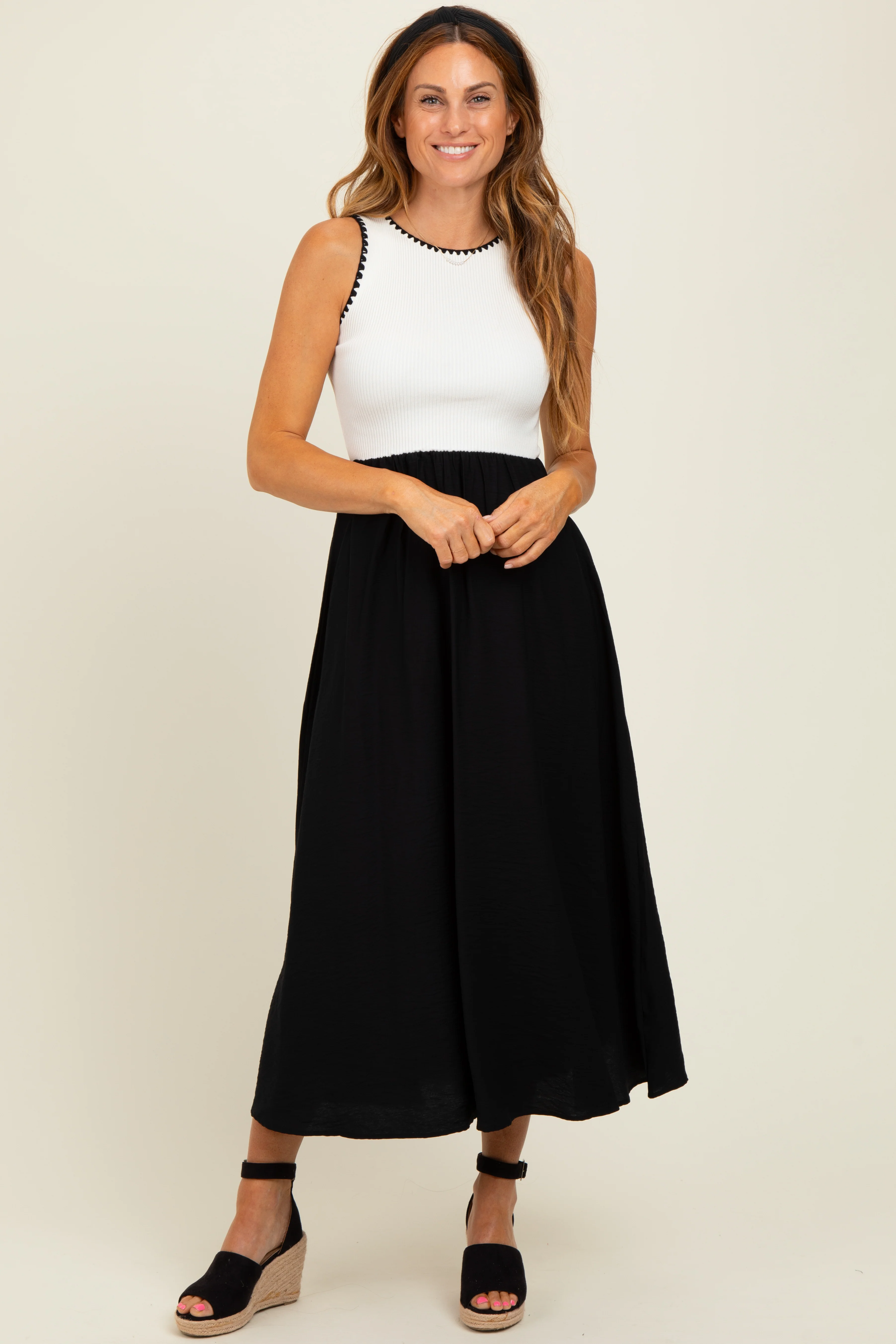 Black Contrast Knit Top Sleeveless Maternity Midi Dress - Image 4