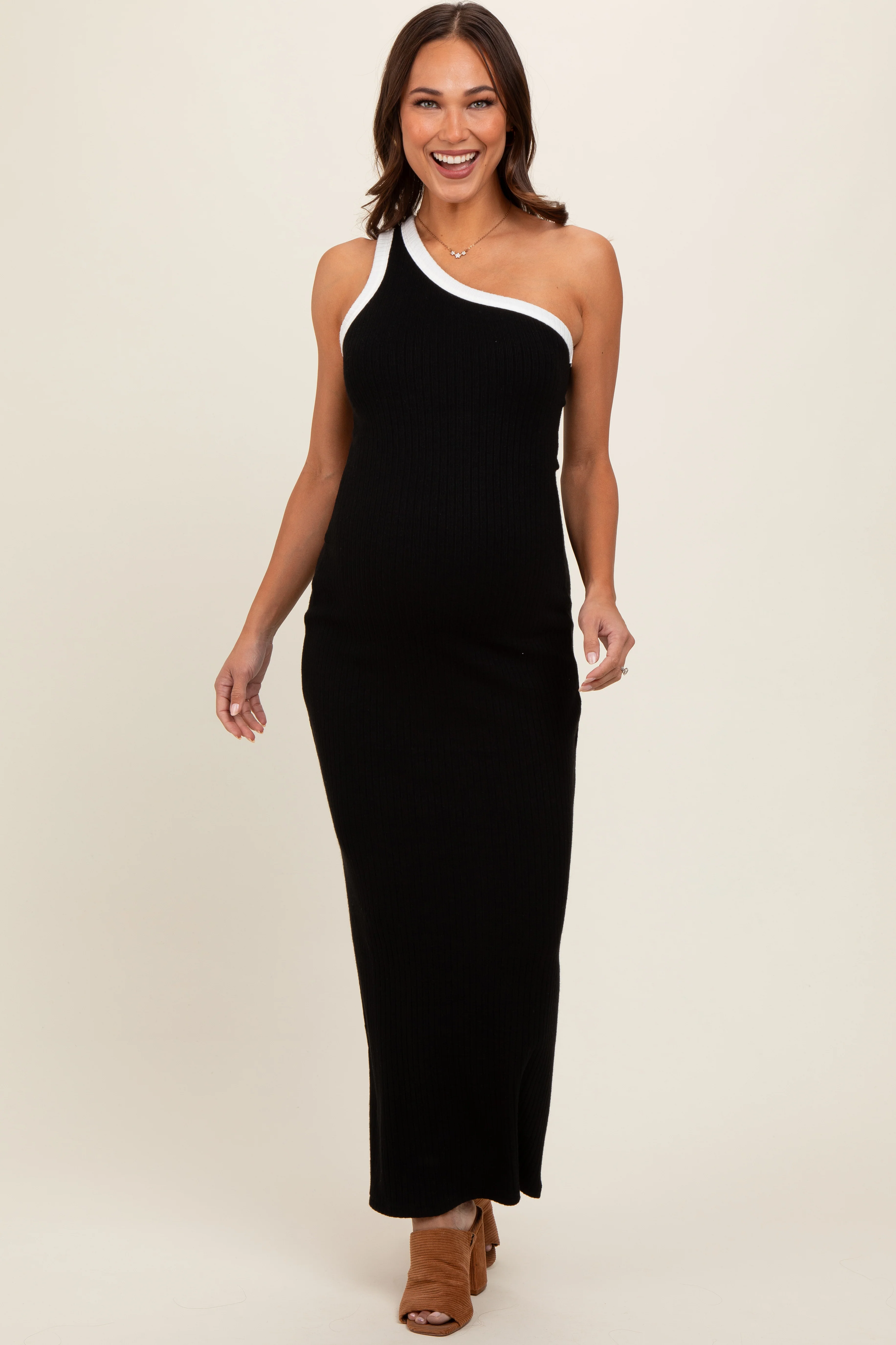 Black Contrast One Shoulder Maternity Maxi Dress - Image 2
