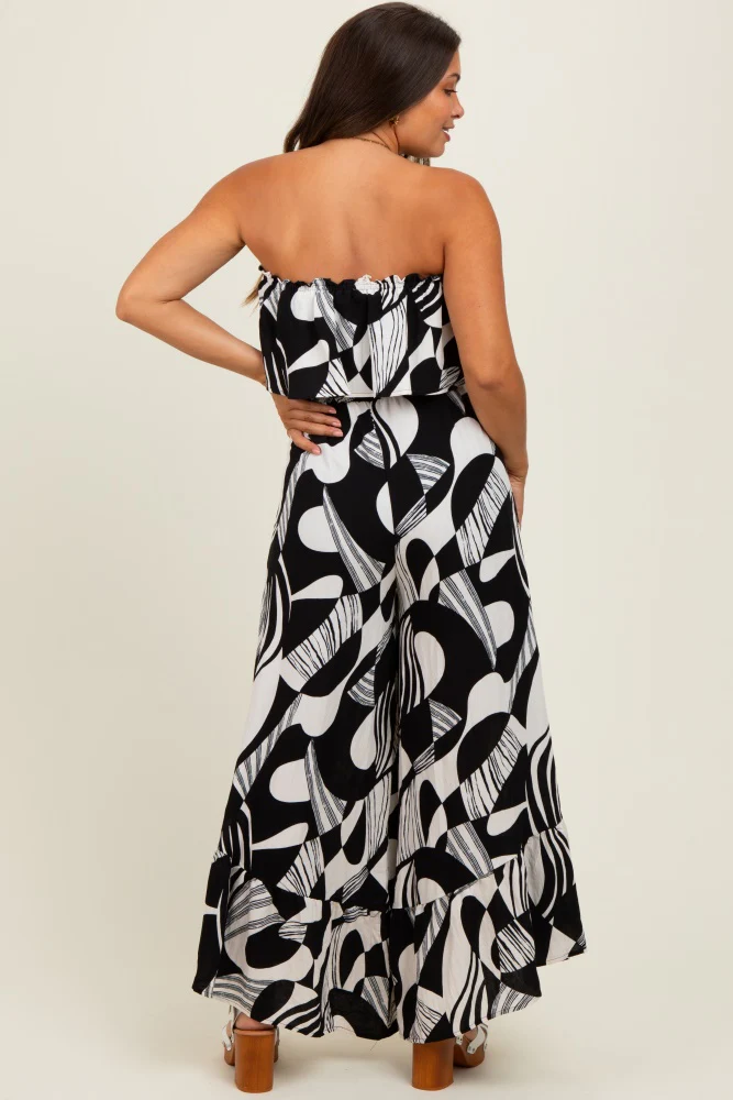 Black/Cream Printed Wide Leg Tube Maternity Jumpsuit - Image 4