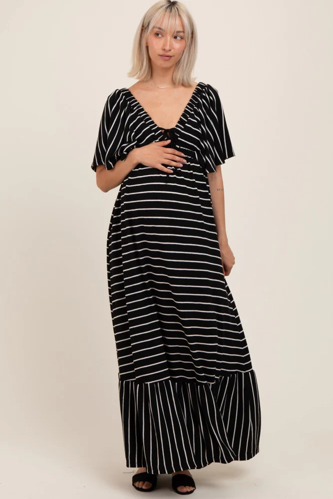 Black/ Cream Stripe Knit Flutter Sleeve V-Neck Tiered Maternity Maxi Dress - Image 3
