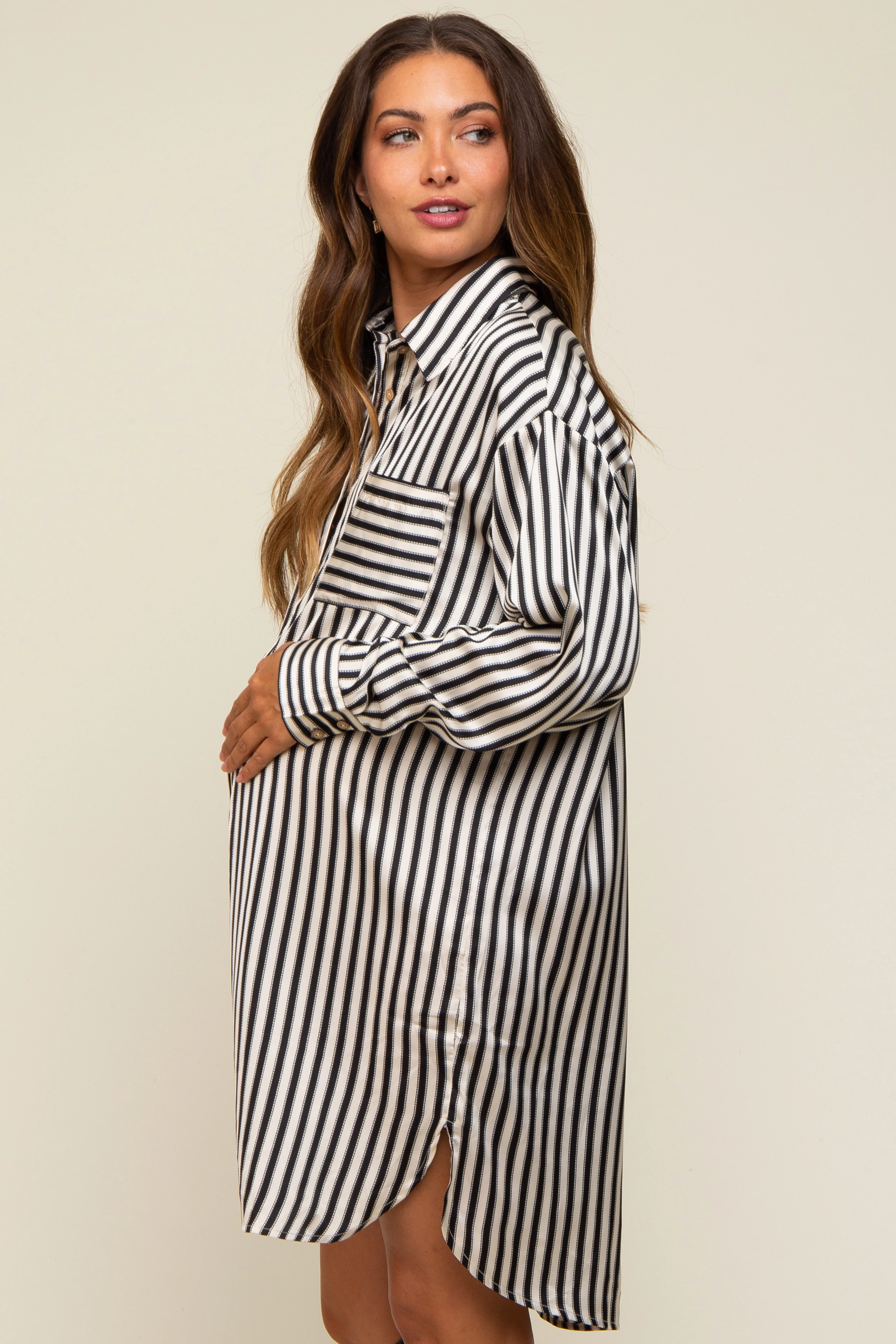 Black Cream Striped Collared Button-Down Maternity Dress - Image 5