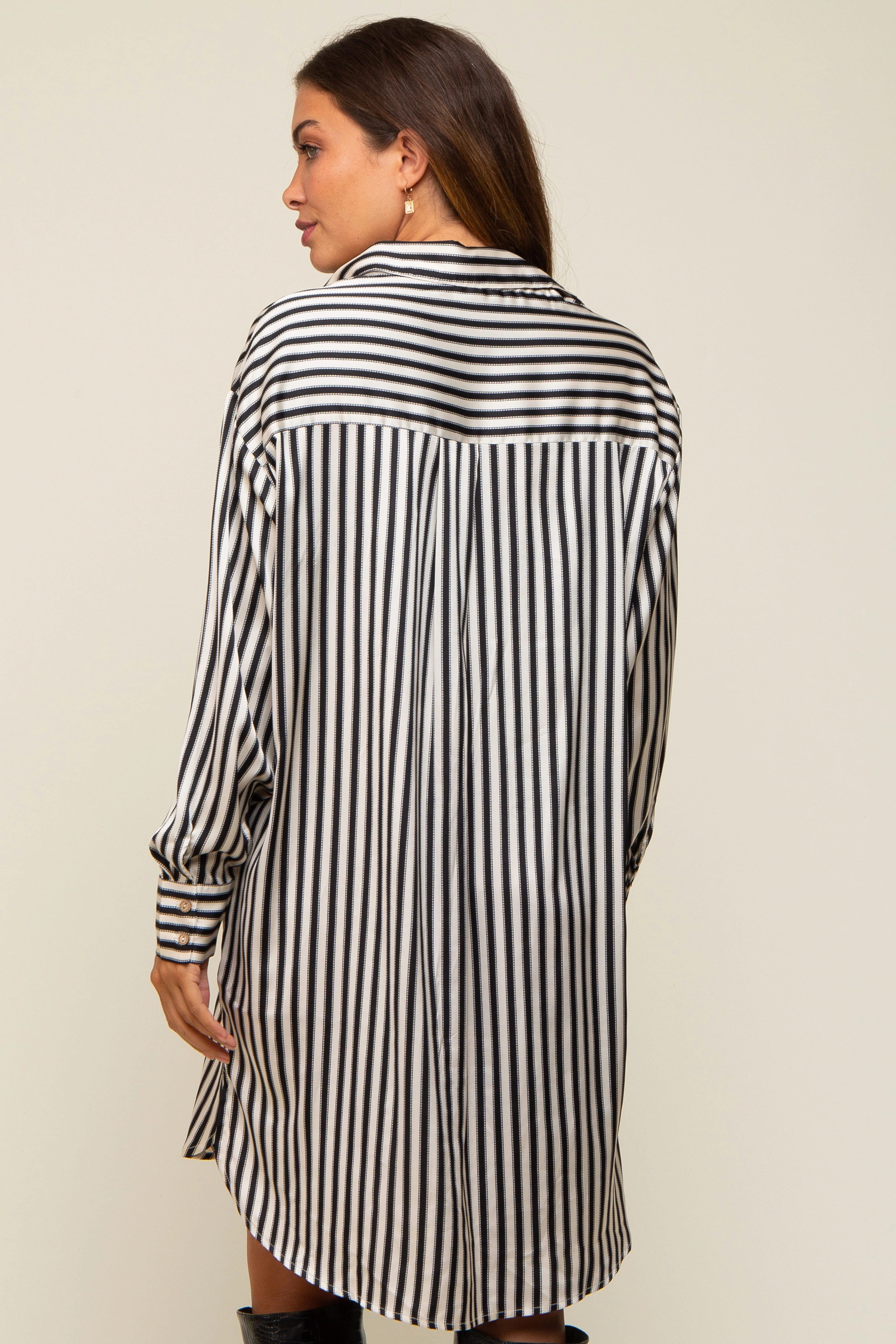 Black Cream Striped Collared Button-Down Maternity Dress - Image 6