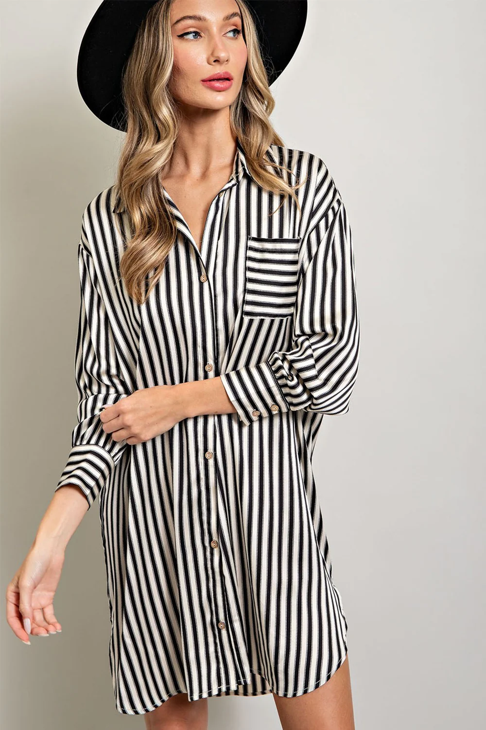 Black Cream Striped Collared Button-Down Maternity Dress - Image 8