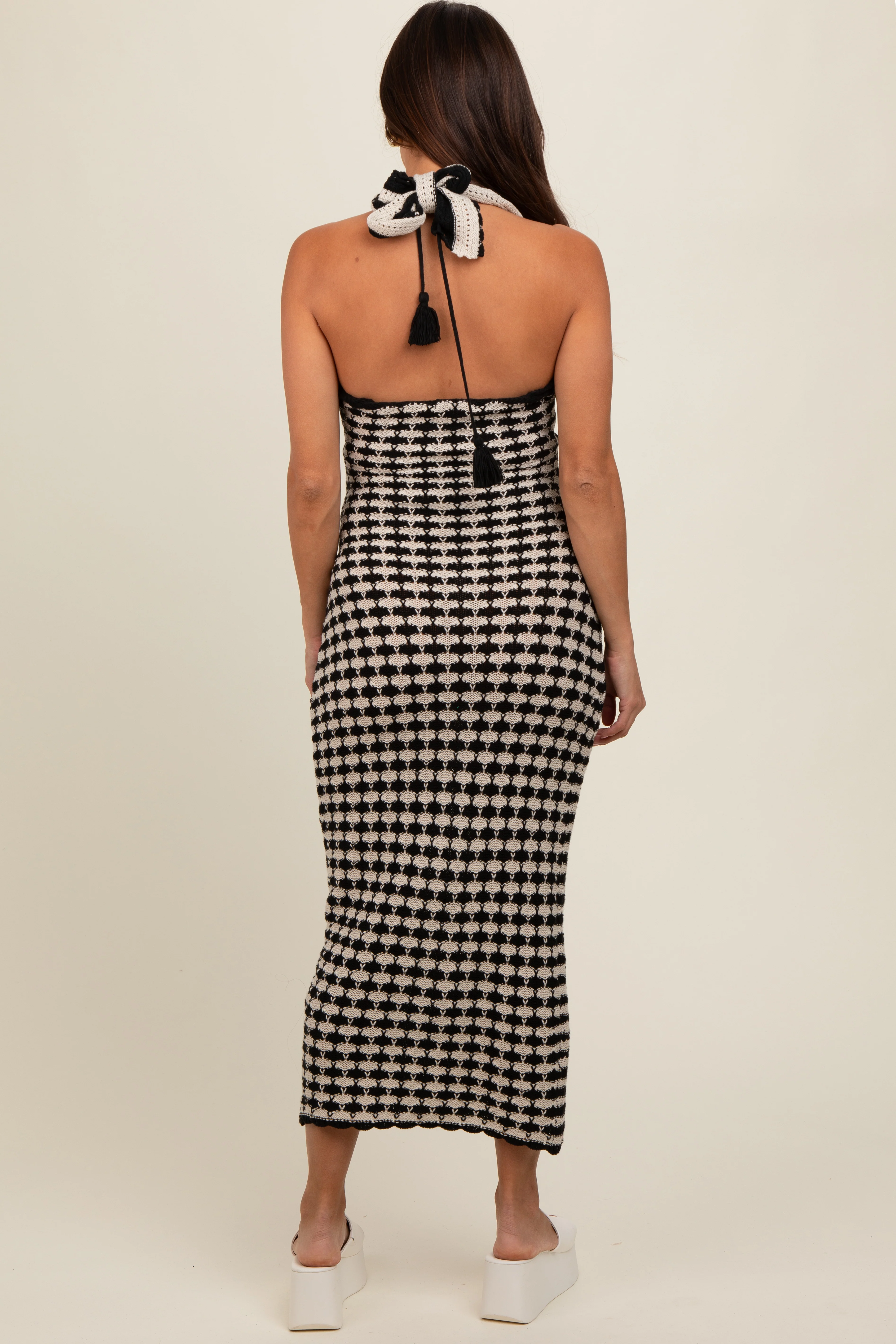 Black Crochet Knit Ruffle Strap Maternity Midi Dress - Image 3